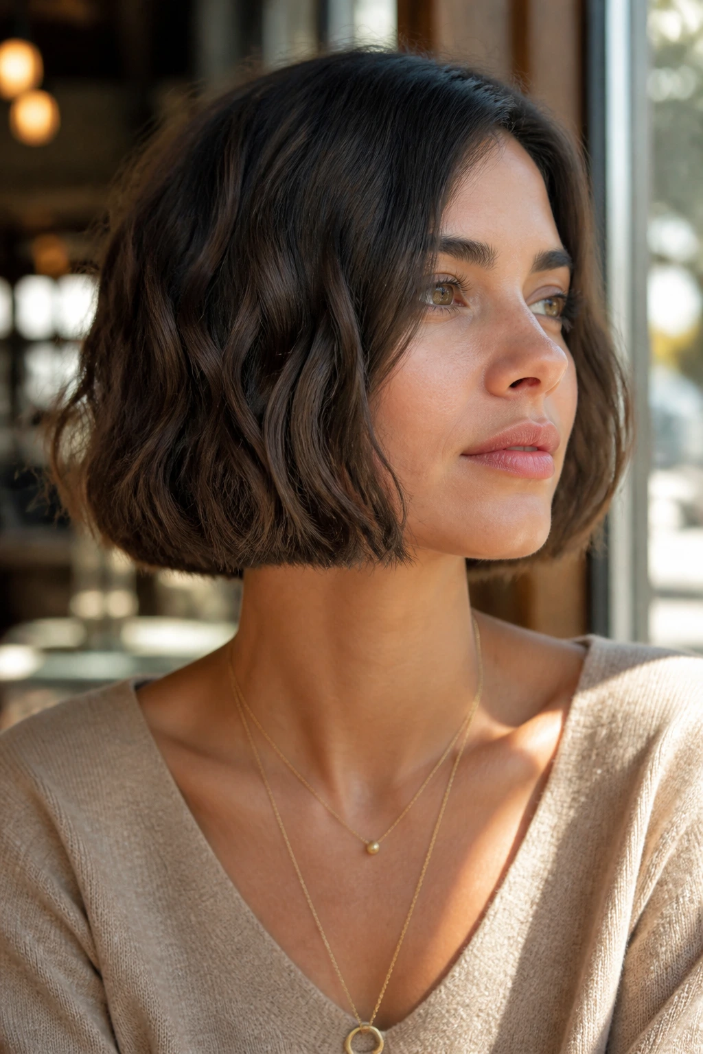 Close-up portrait of a real woman with a wavy blunt bob and polished ends