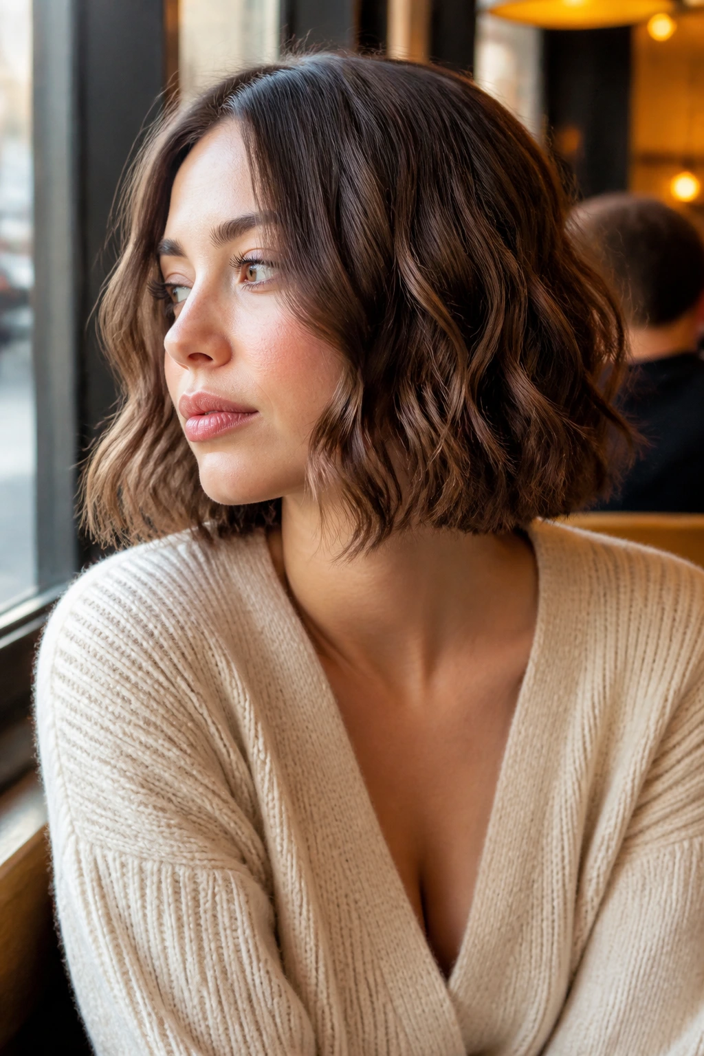 Close-up portrait of a real woman with a wavy blunt bob