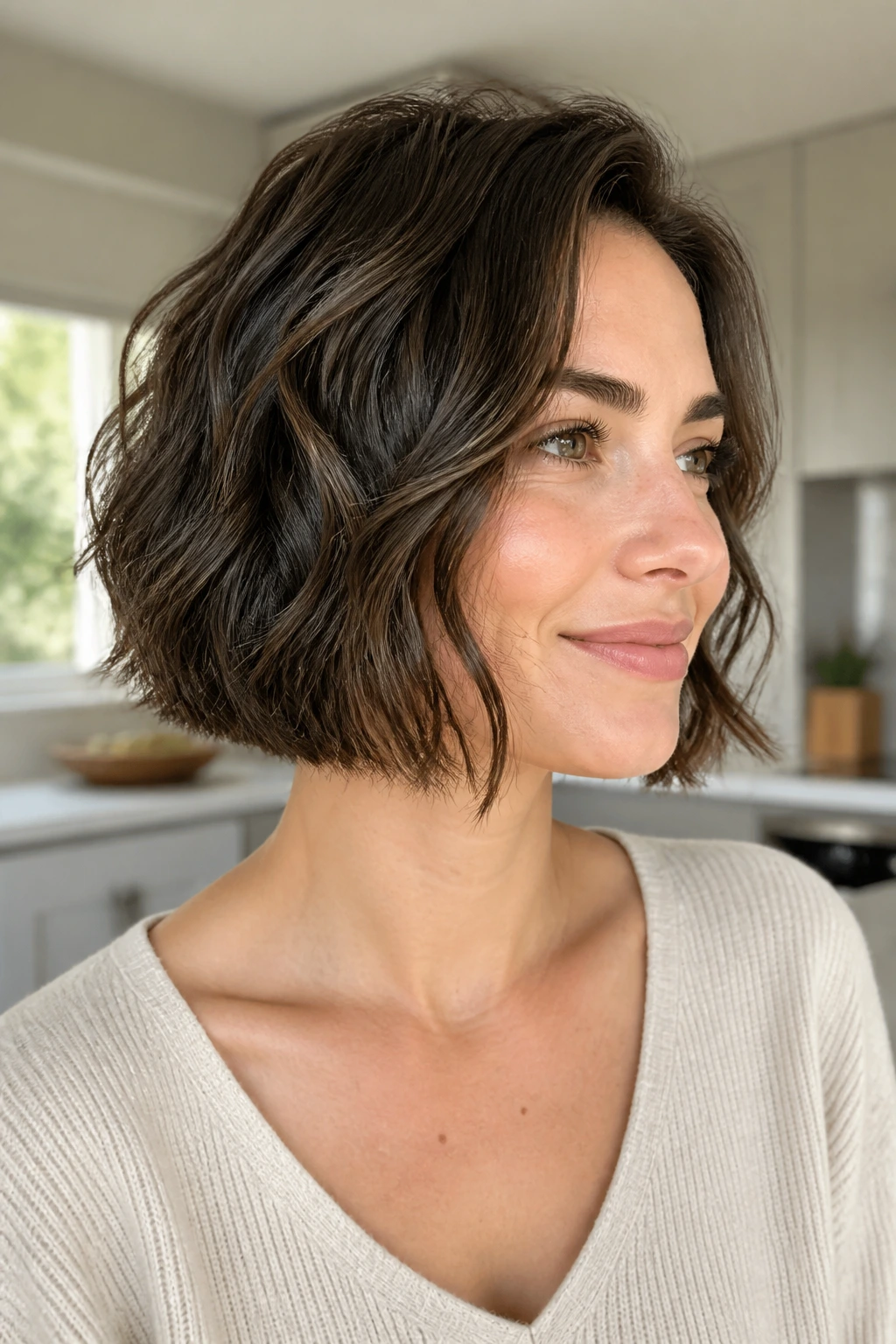 Real woman with wavy blunt bob and underlayers in a bright kitchen.