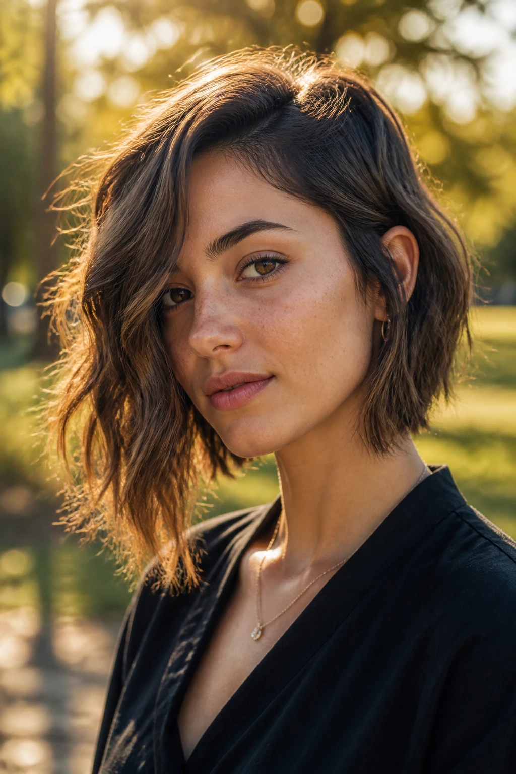 Real woman with wavy asymmetrical bob and air-dried texture in golden hour light
