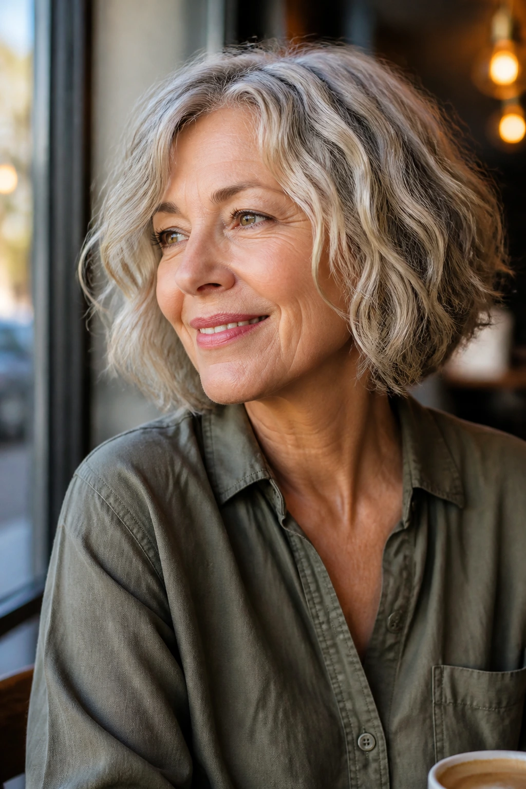 Close-up of an older woman with a wavy air-dried bob in daylight by a cafe window.