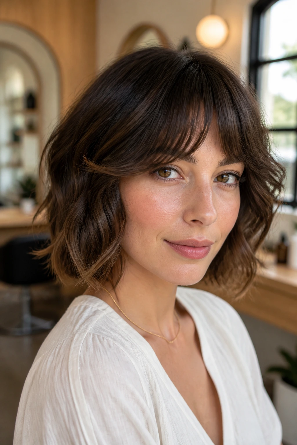 Real woman with wavy bob and arched fringe in a salon setting