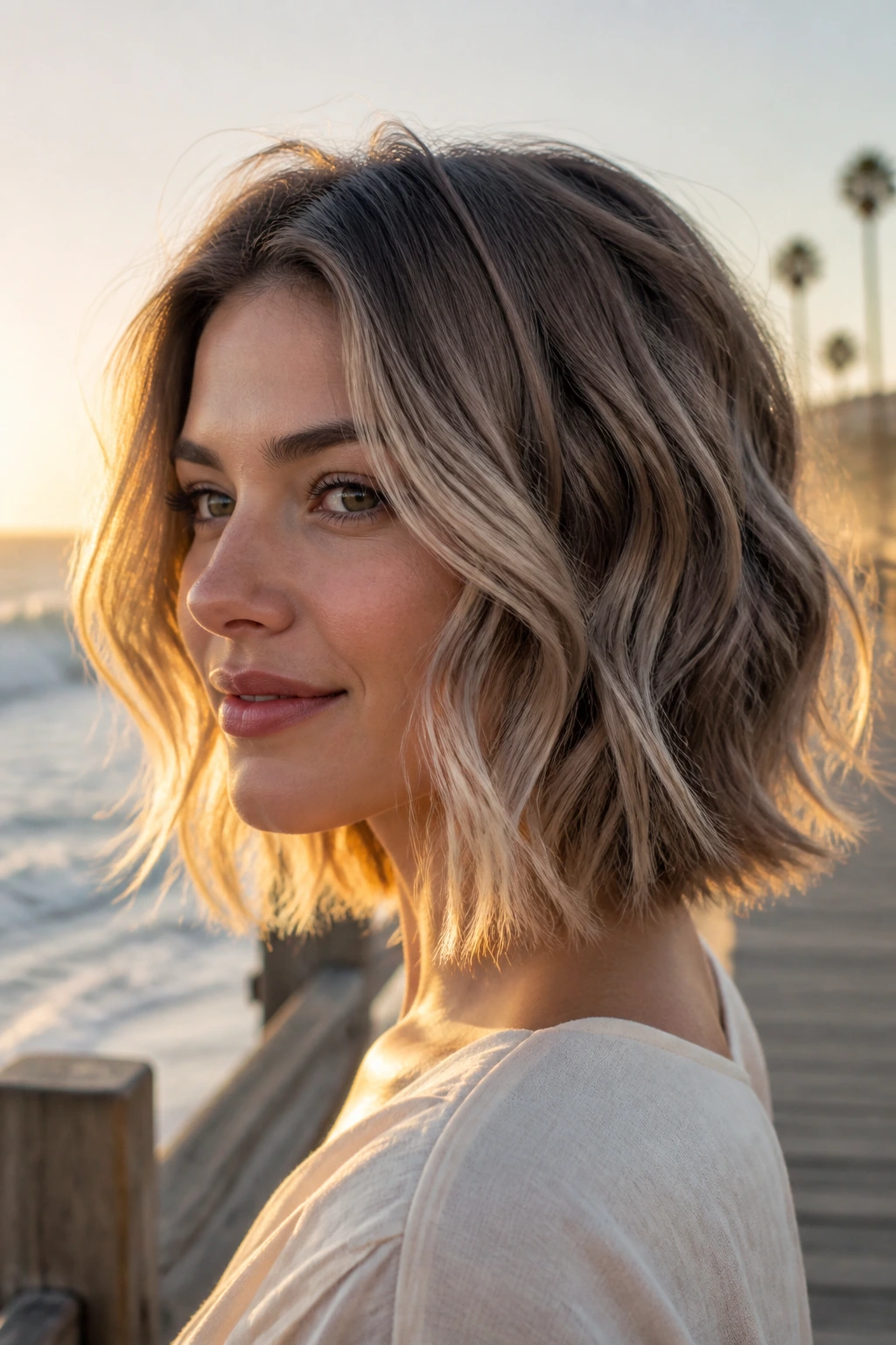 Close-up portrait of a real woman with wavy ash brown hair and vanilla balayage in golden hour light