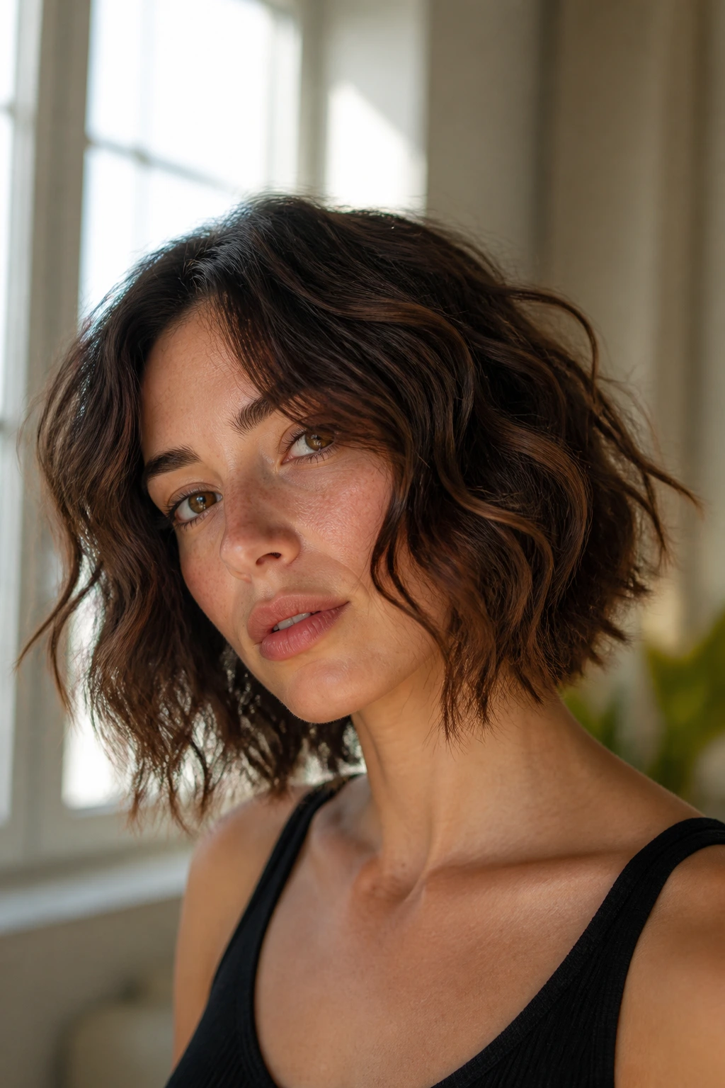 Close-up portrait of a real woman with a wavy bob and broken-up outline in soft daylight