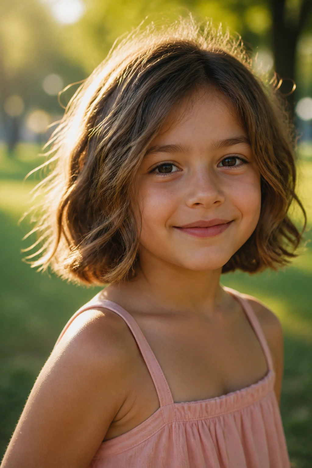 Close-up of a real child with a wavy bob in sunlit outdoor setting