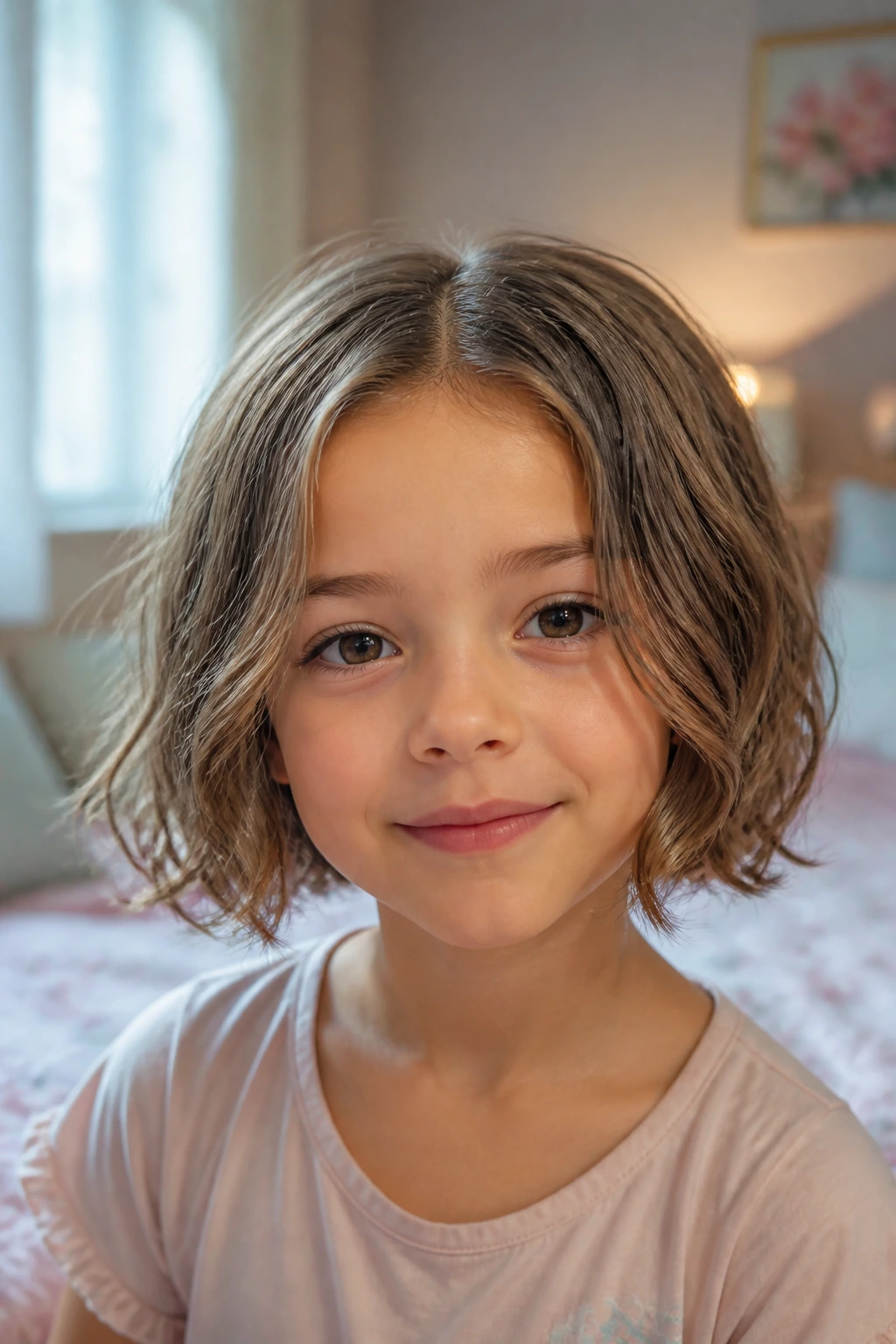 Close-up of a real girl with a wavy middle-part bob.