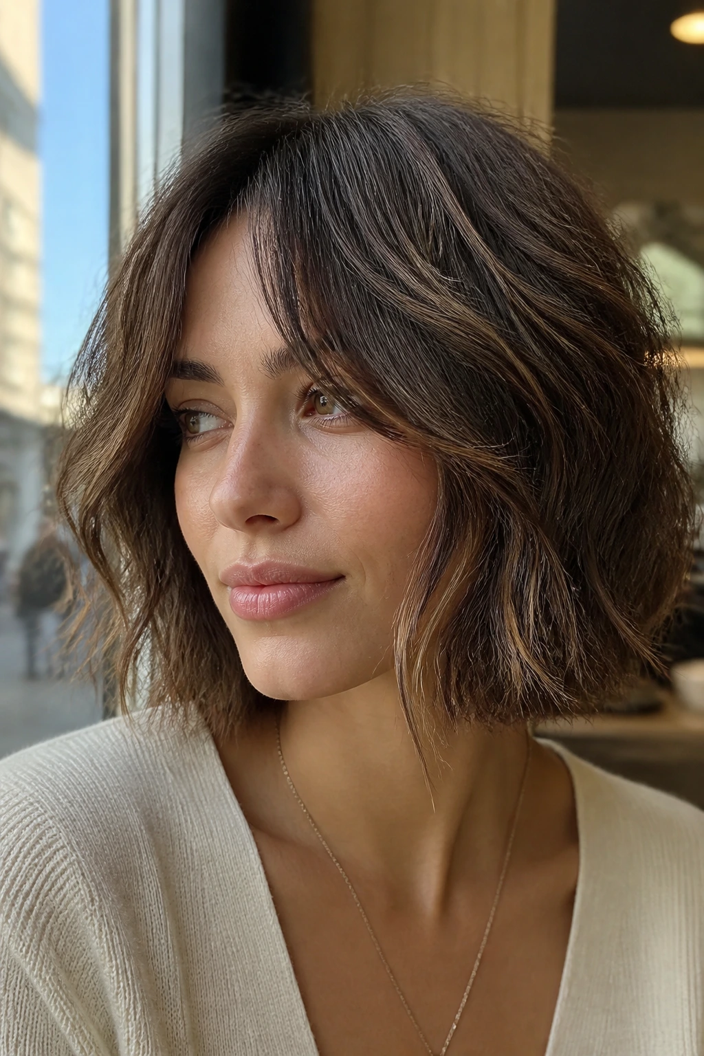 Portrait of a woman with a wavy bob and curtain bangs