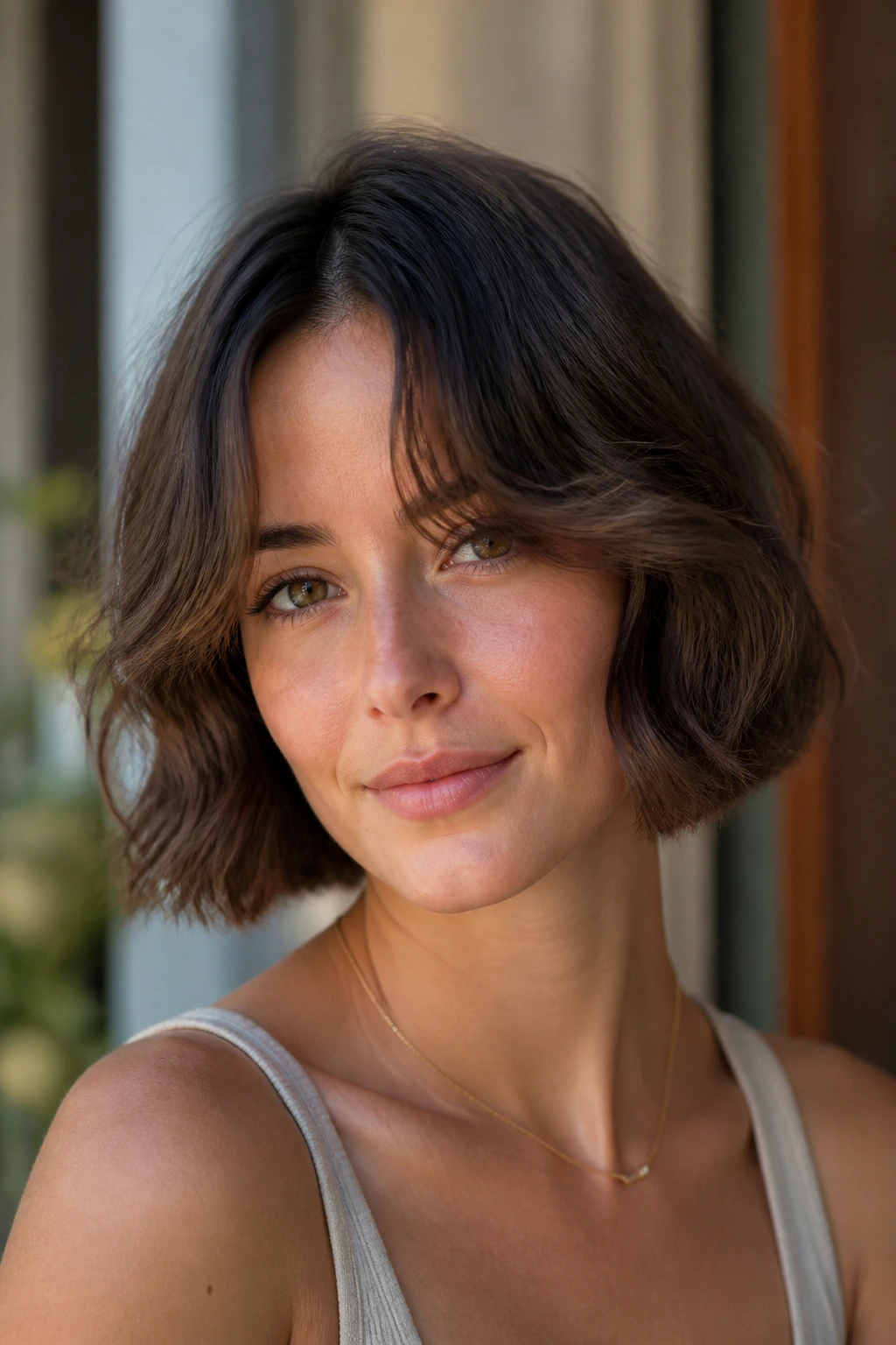 Portrait of a person with a wavy bob and cheekbone-skimming curtain bangs.