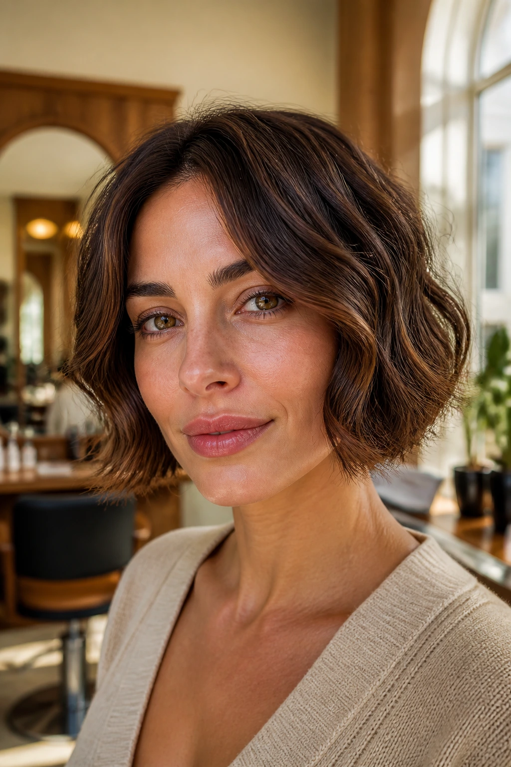 Close-up portrait of a real woman with a wavy Italian bob showing weight at the ends and soft bends in a sunlit salon