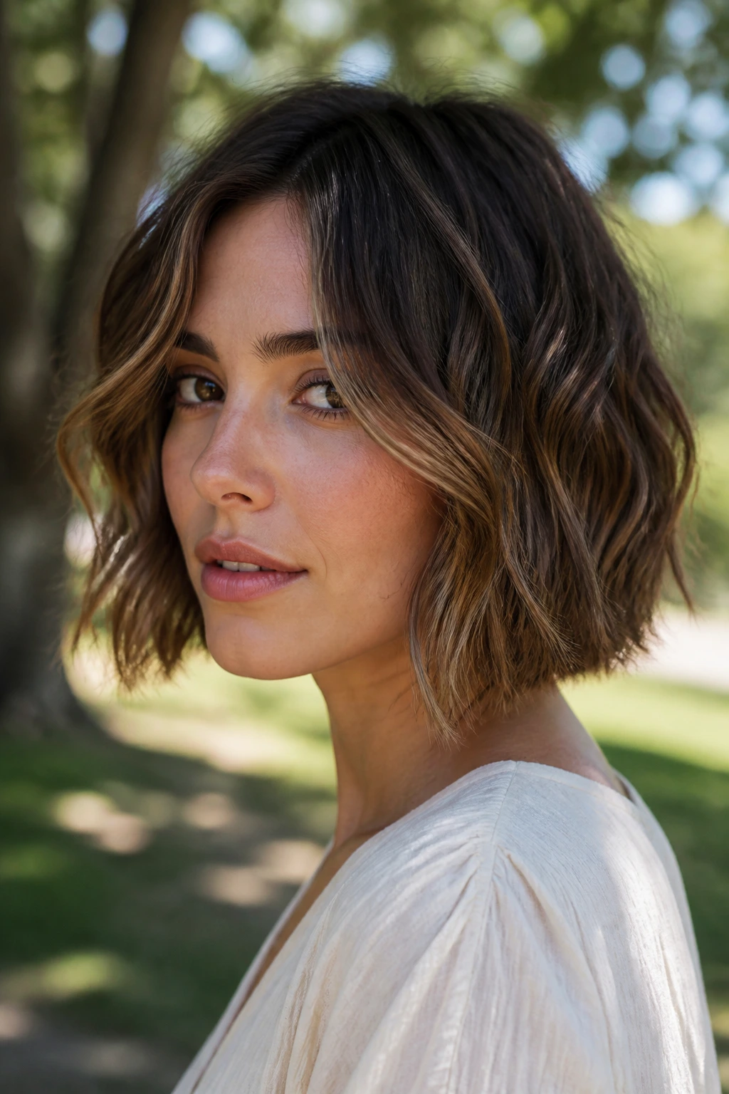 Close-up of a real woman with a wavy bob and face-framing pieces in a park