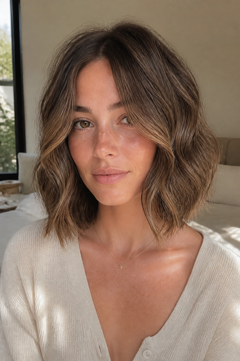 Close-up portrait of a woman with a wavy bob and long face-framing pieces in a sunlit bedroom