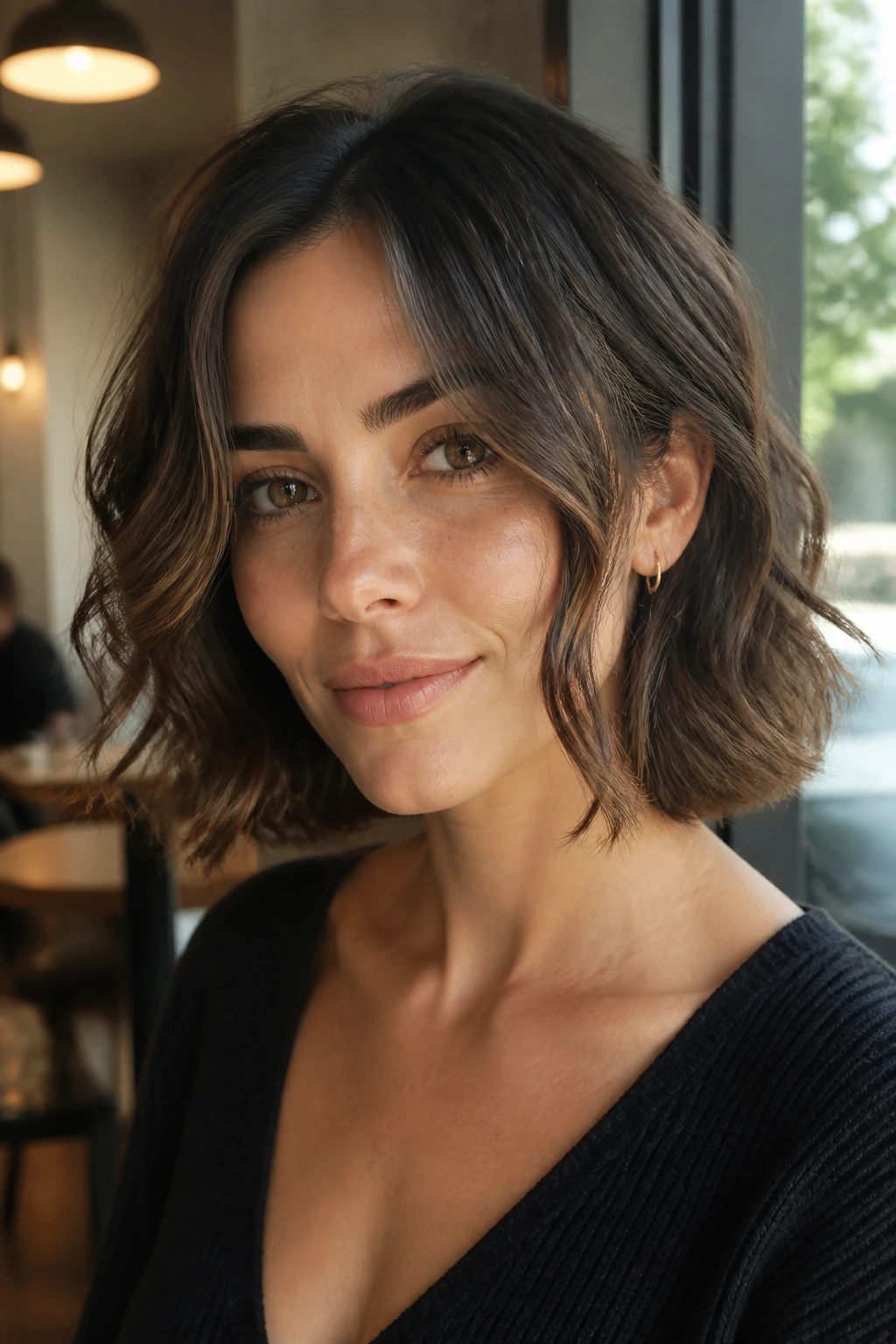 Close-up portrait of a real woman with a wavy bob and face-framing bends around cheeks