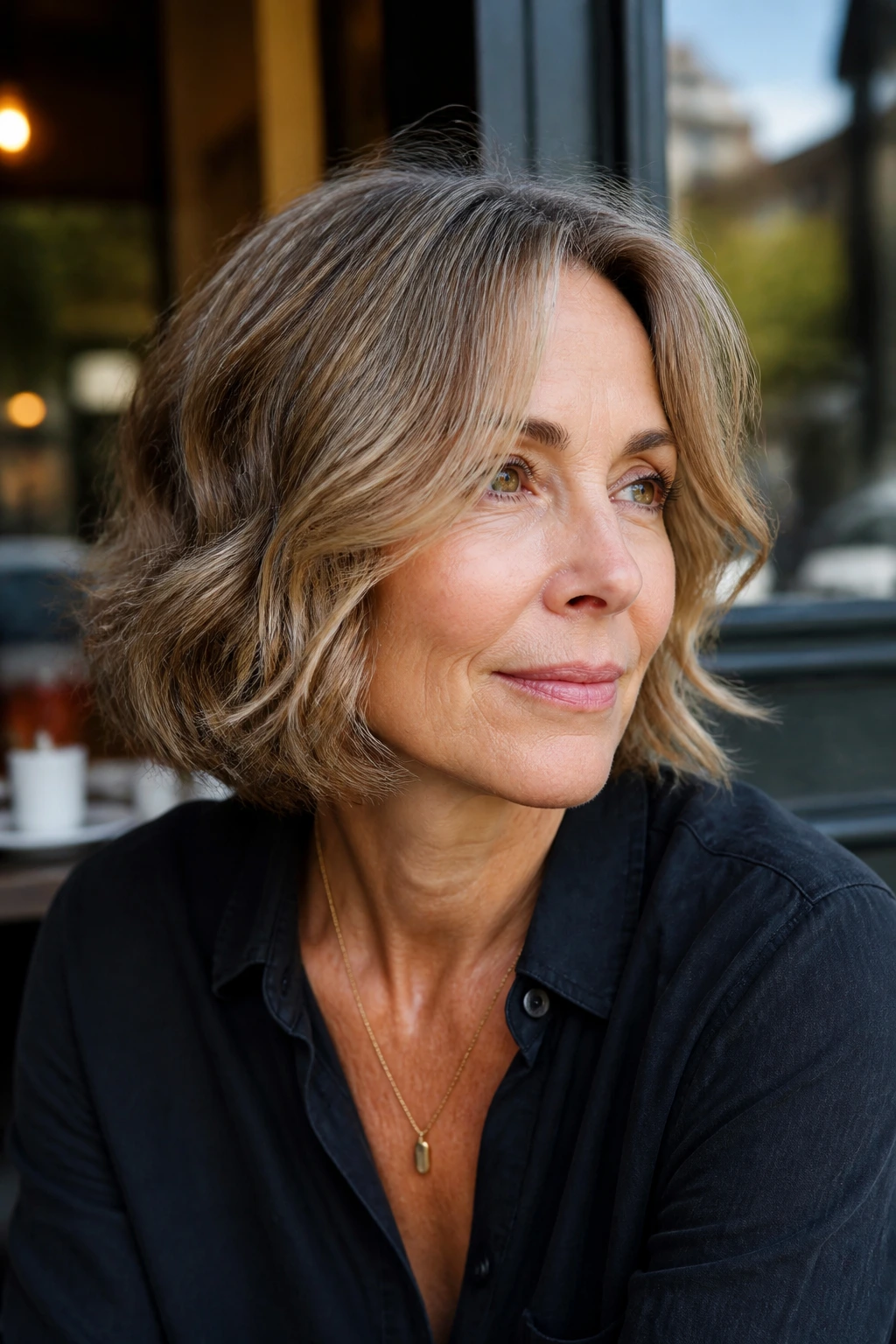 Real woman with a wavy bob and face-framing layers.