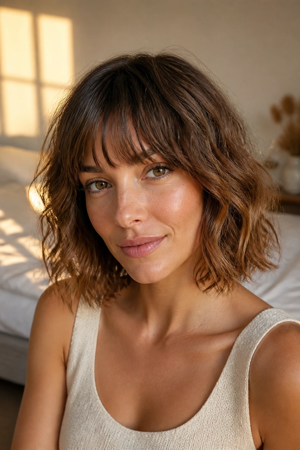 Close-up of a real woman with shoulder-length wavy bob and soft fringe in warm window light