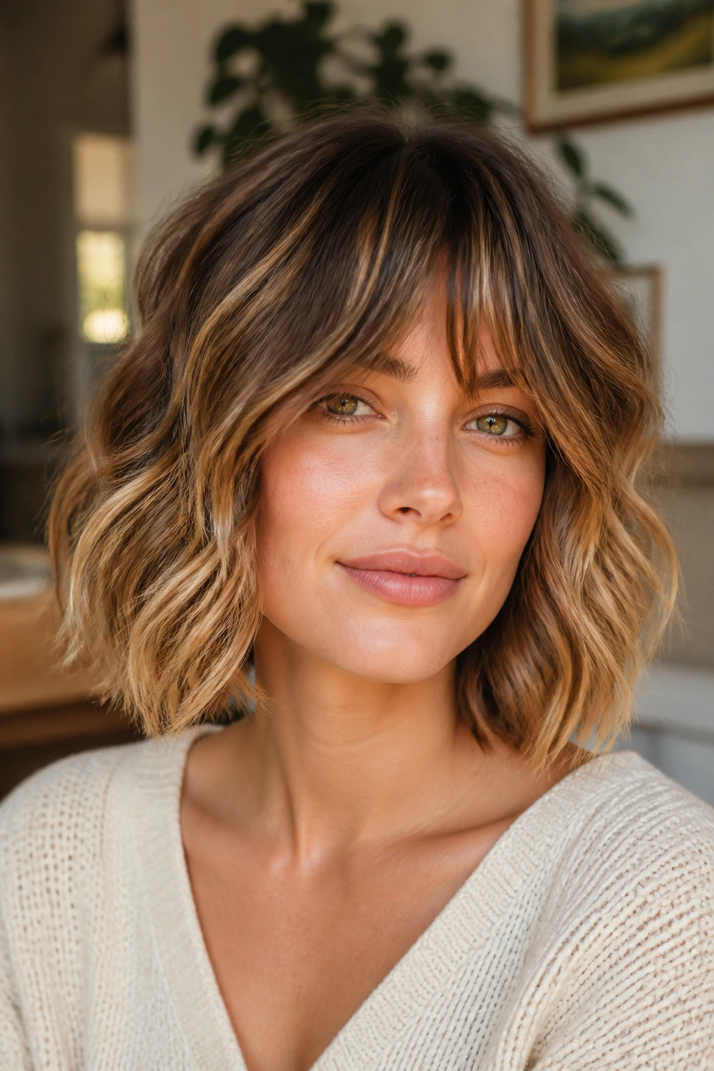 Close-up of a real woman with a wavy bob and fringe highlighting movement and face framing