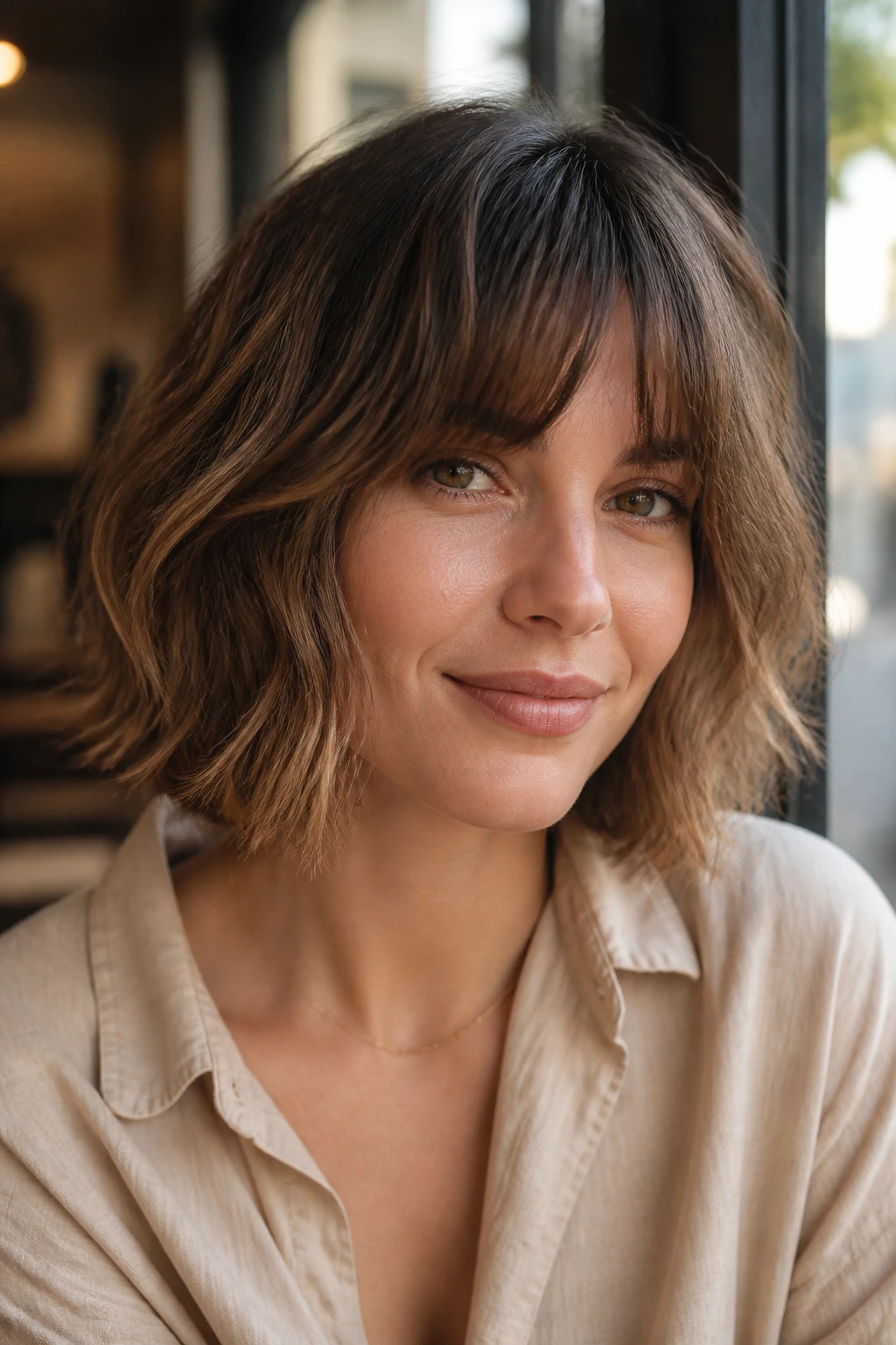 Real woman with wavy bob and fringe, cafe window light showing texture