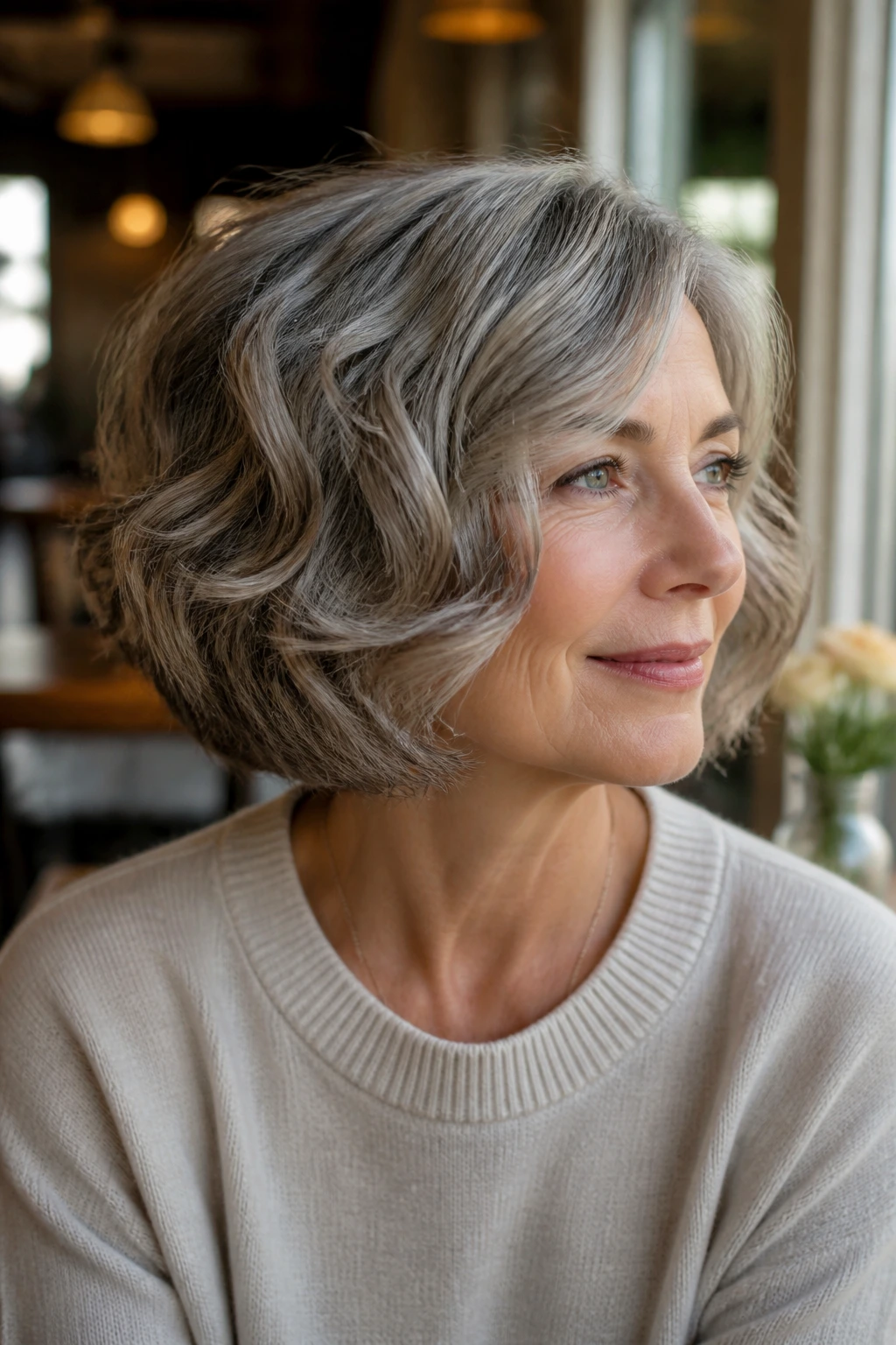 Close-up of a real woman with a wavy bob and hidden interior layers in natural cafe lighting