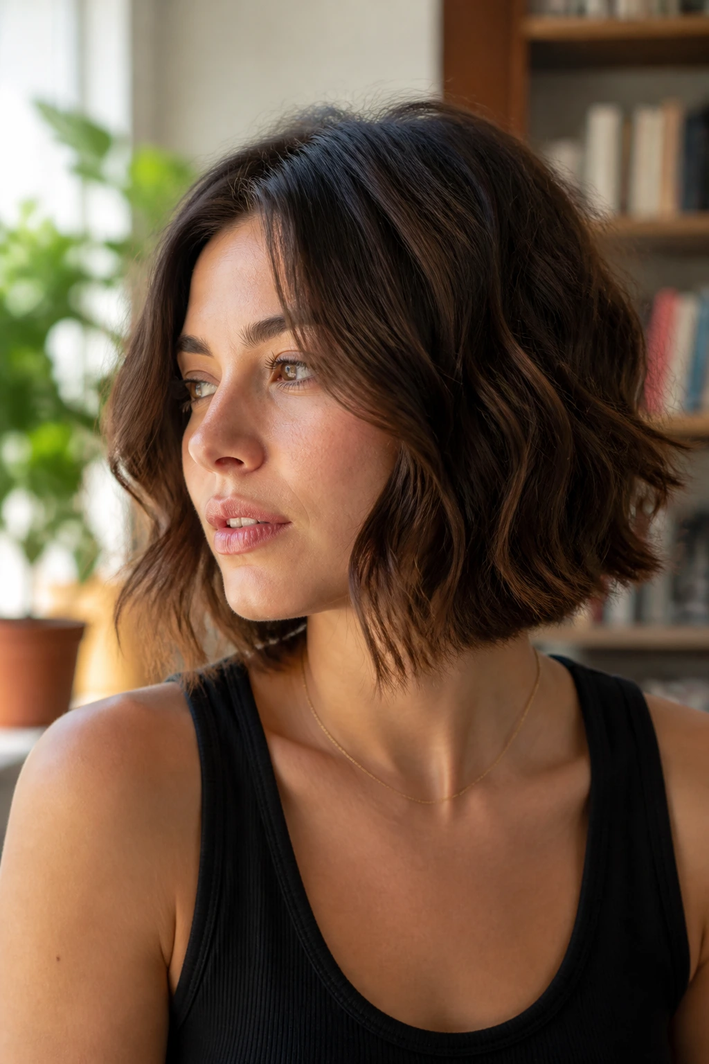 Close-up of a real woman with a wavy bob and invisible layers around the cheeks