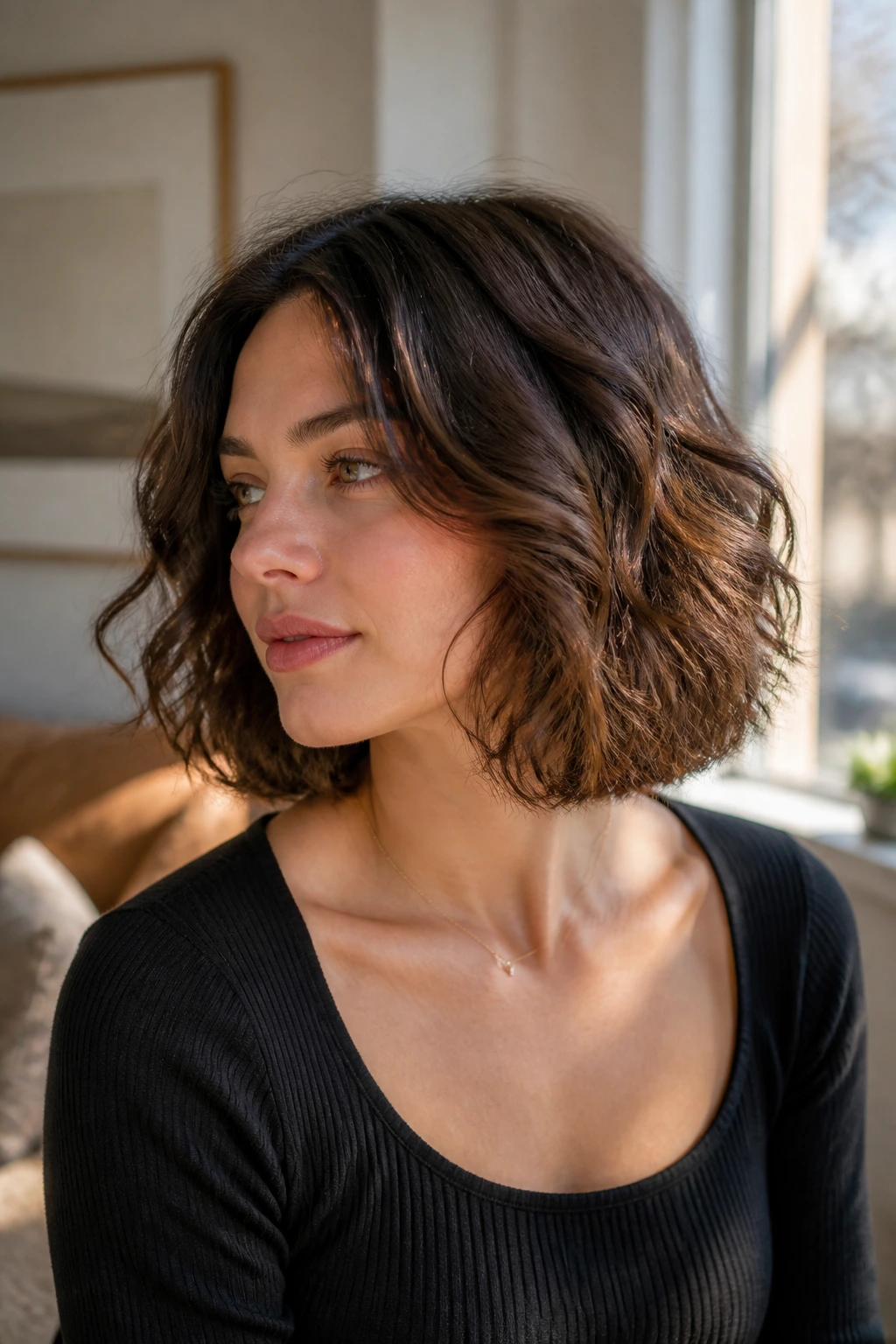 Close-up of a real woman with a wavy bob and invisible layers in a sunny room