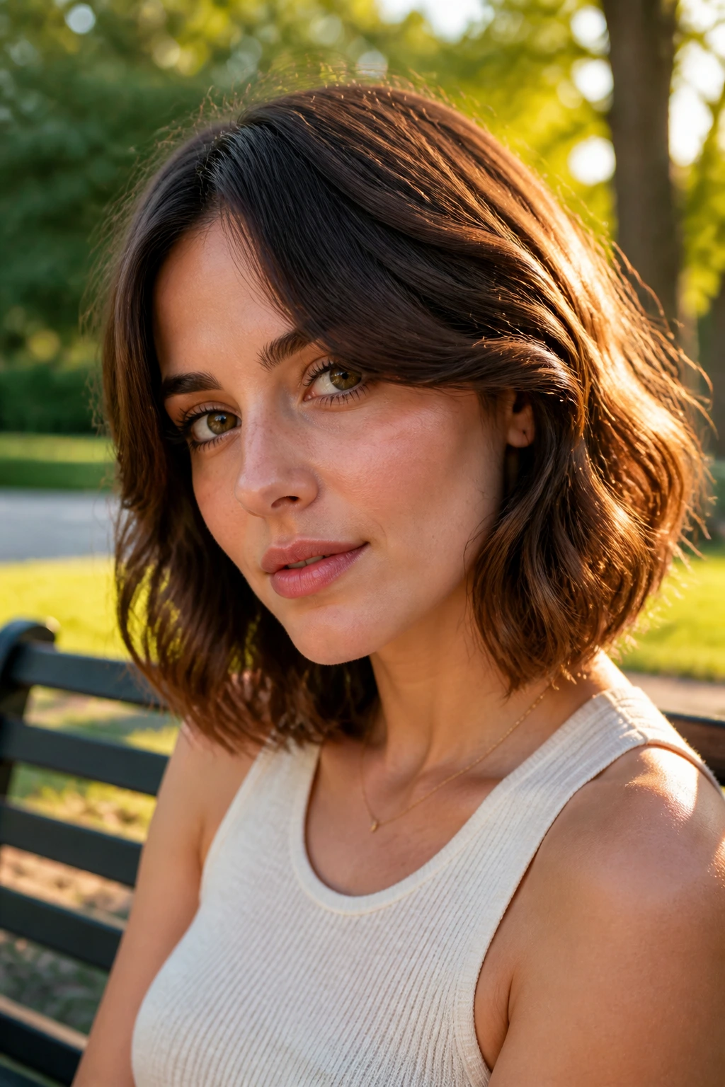 Portrait of a woman with a wavy bob and long bangs