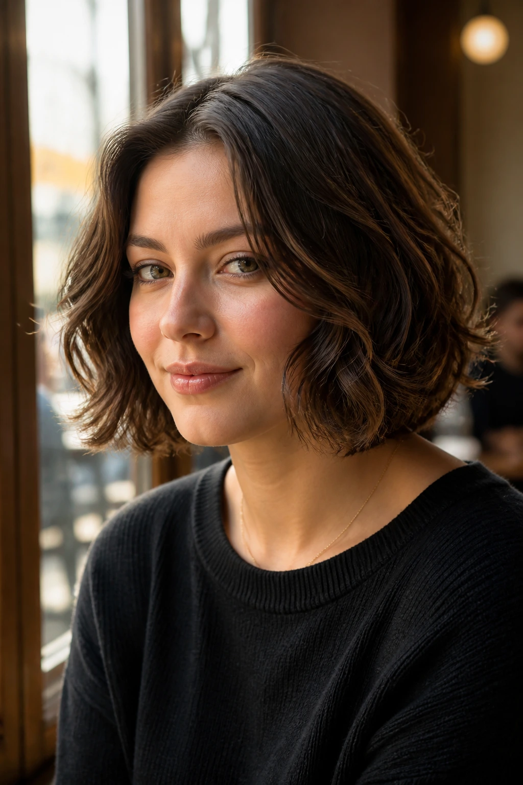 Close-up of a real woman with soft waves and loose ends in sunny cafe light