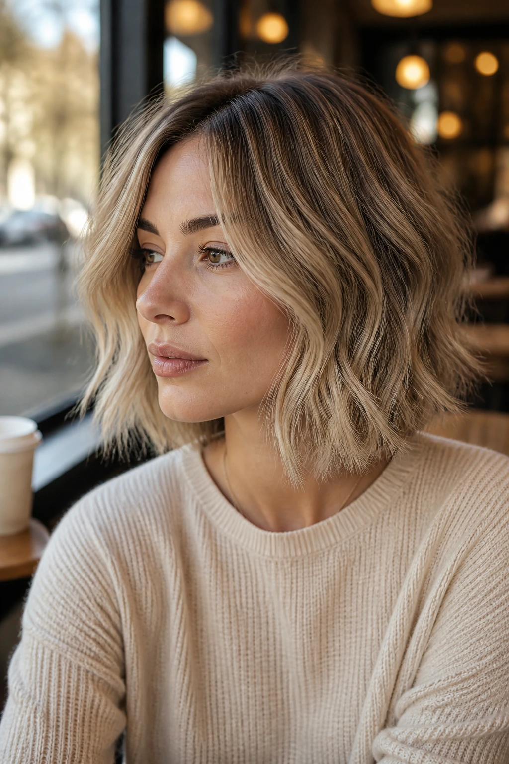 Close-up of a real person with a dark blonde to mushroom blonde wavy bob.