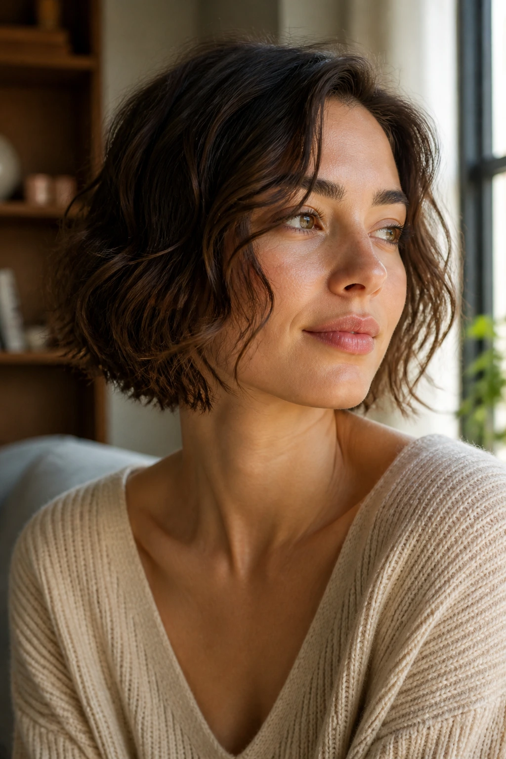 Portrait of a real person with a wavy air-dry bob