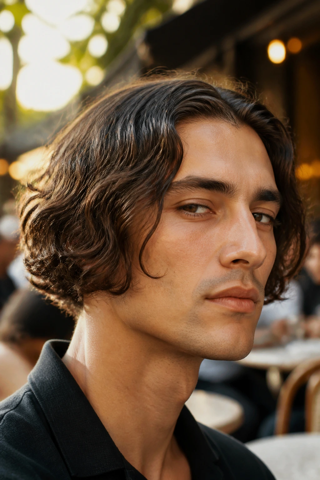 Close-up portrait of a real man with a wavy bob outdoors at golden hour