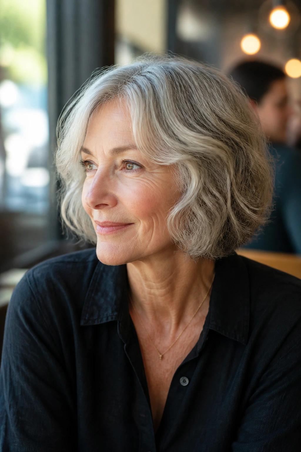 Portrait of an older woman with a wavy bob in a sunlit cafe
