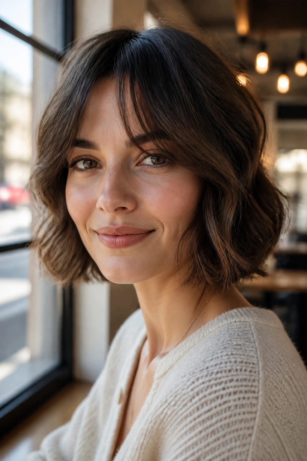 Wavy bob with split fringe on a real person.