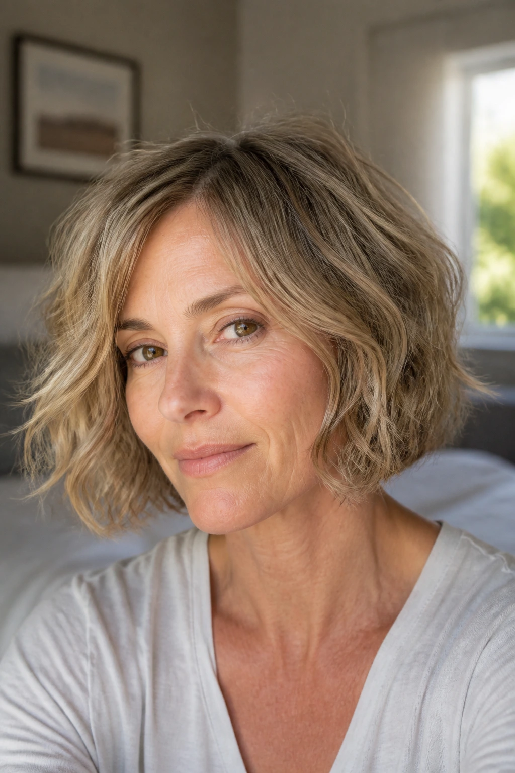 Close-up portrait of a real woman with a chin-length wavy bob; natural texture adds fullness for thinning hair.