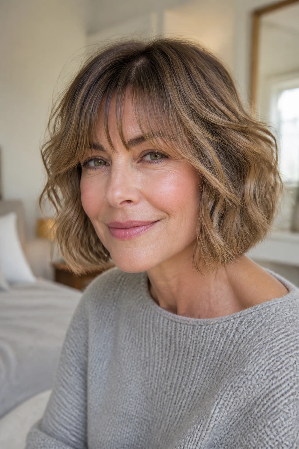 Close-up of real woman with wavy bob and wispy fringe in natural window light