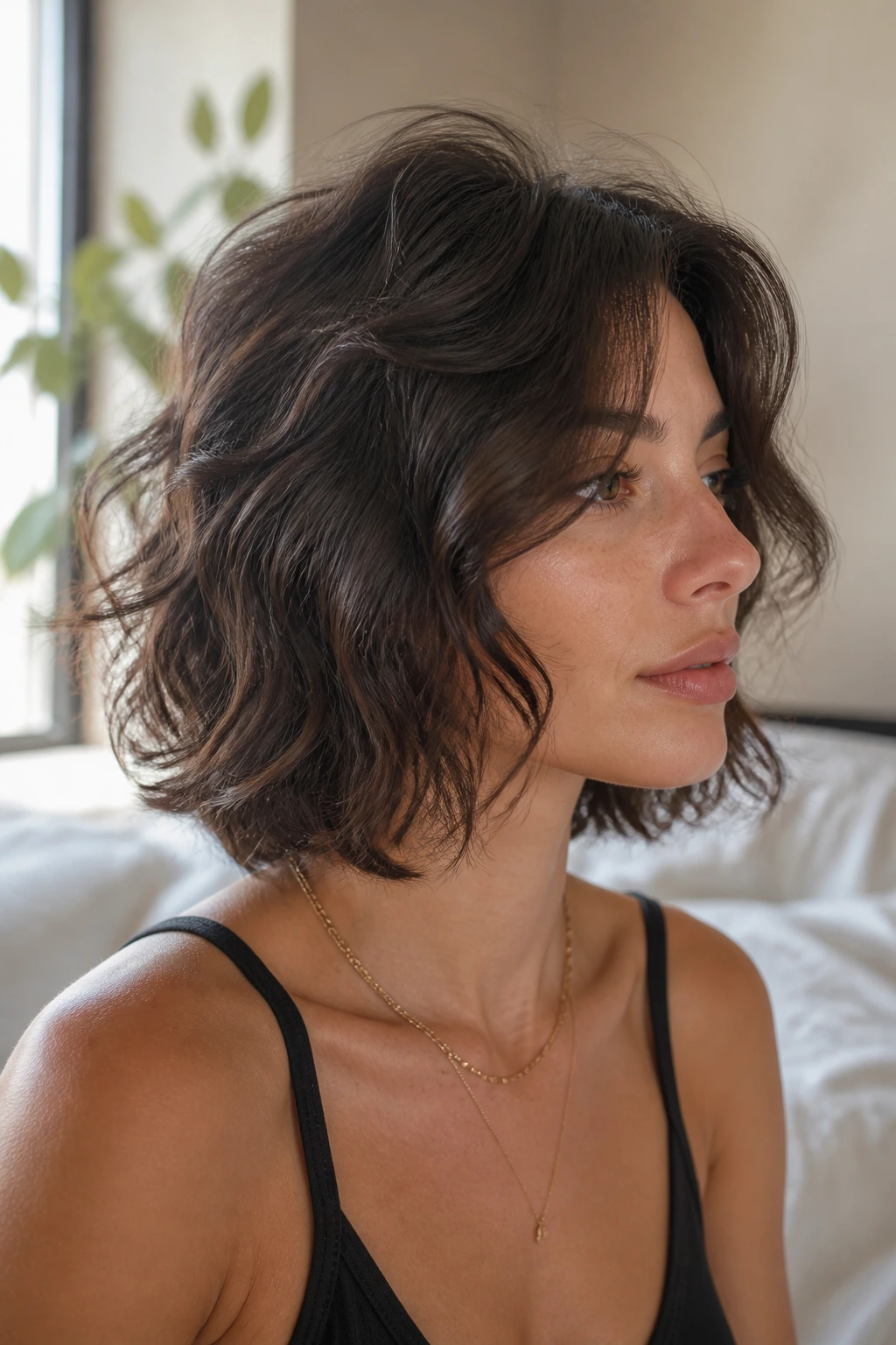Close-up portrait of a real person with a wavy bob wolf cut and loose crown in daylight