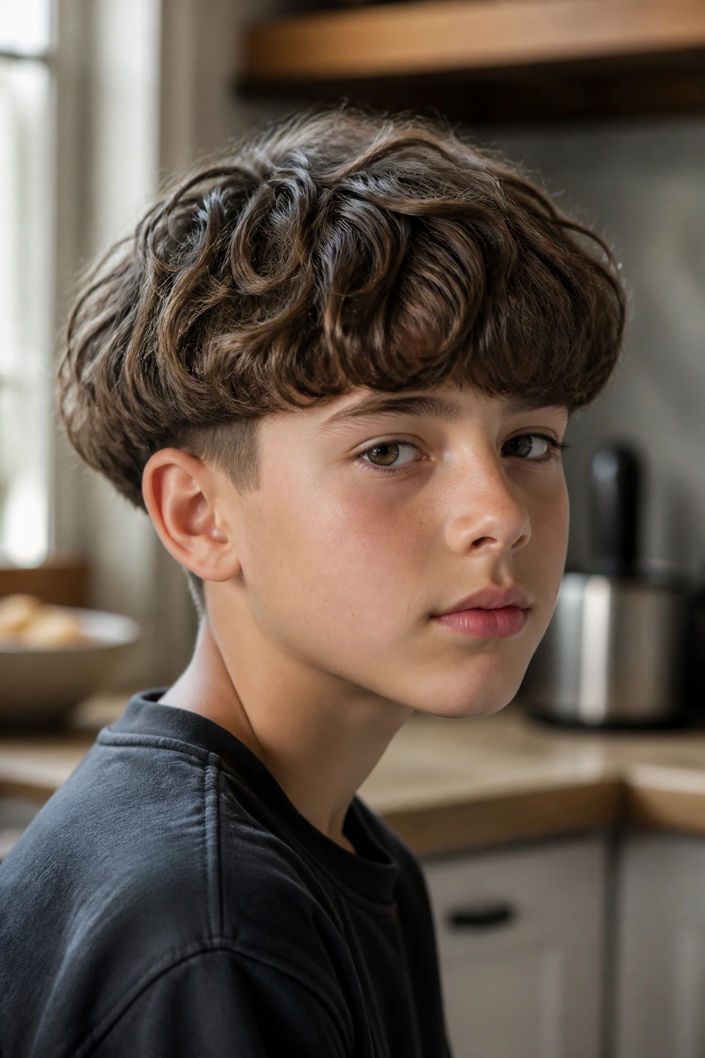 Close-up of a boy with a textured wavy bowl cut under warm window light