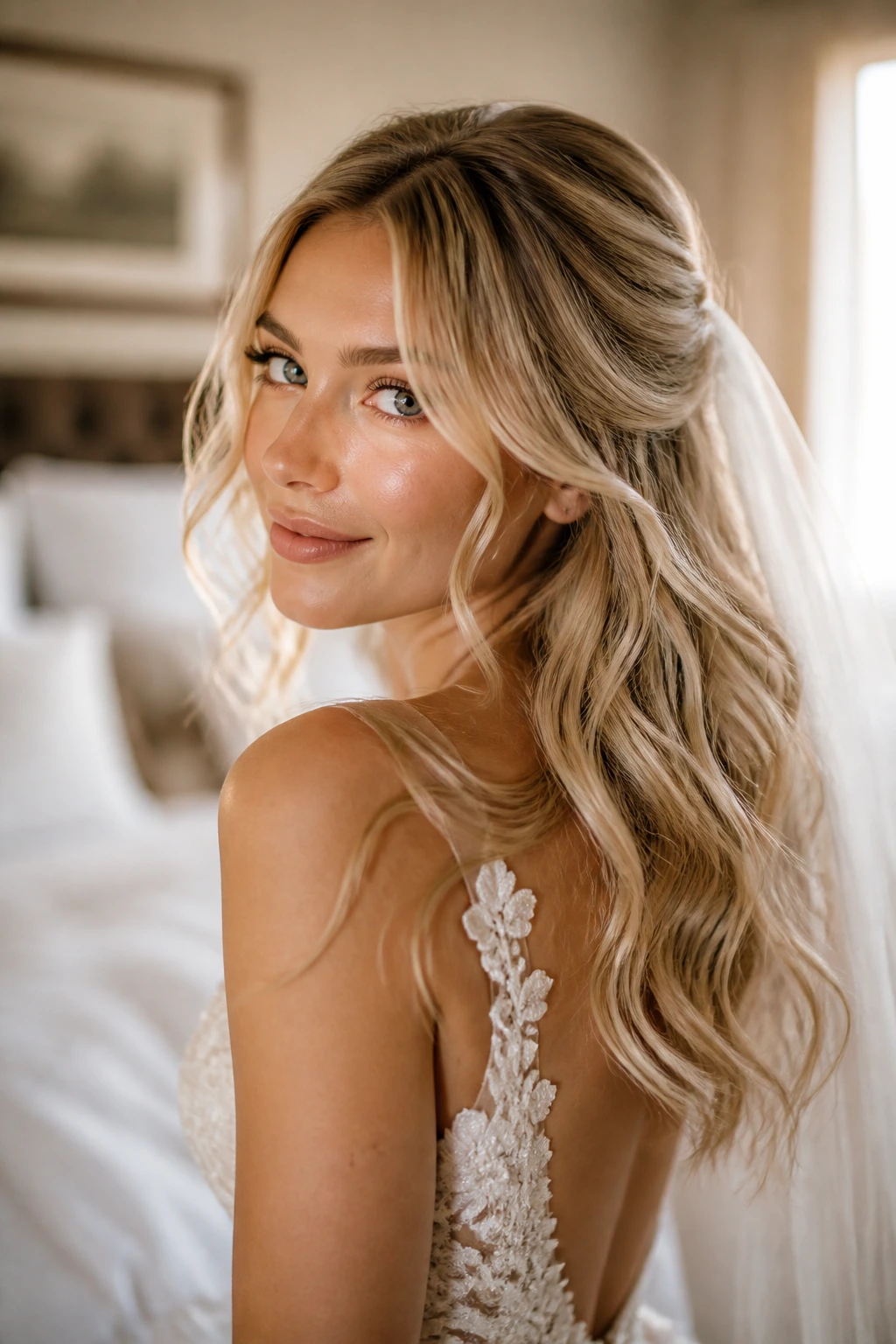 Real bride with moving wavy hair catching light from different angles.