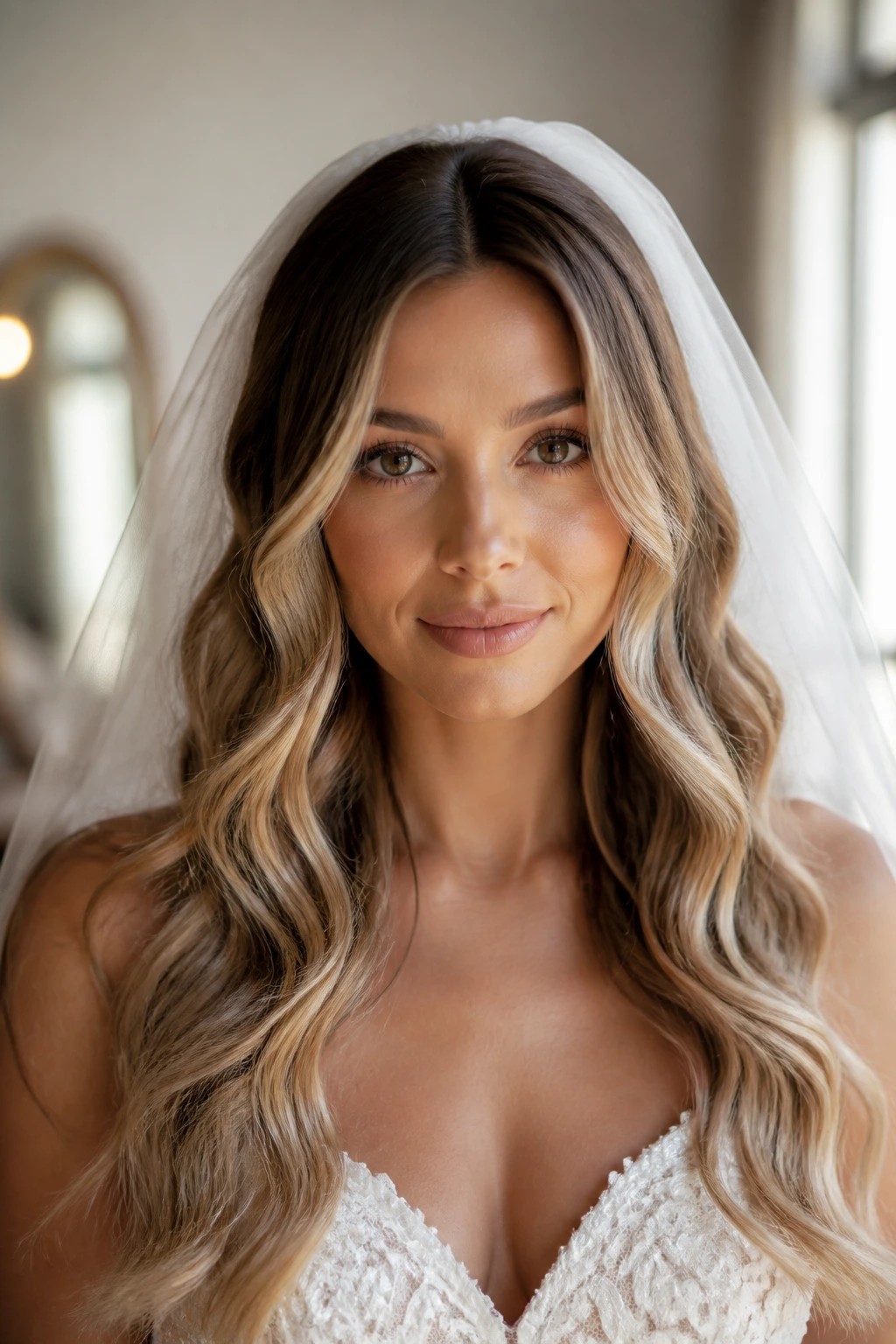 Close-up of a real bride with soft, flowing wavy hair in a sunlit bridal suite.