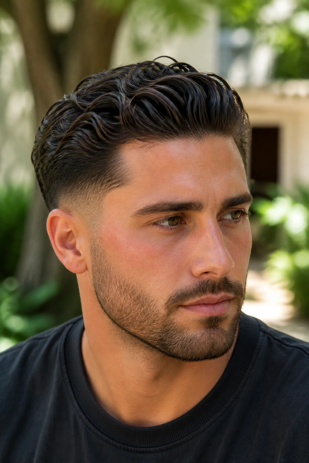Close-up of a man with wavy brush back and low fade, outdoor courtyard.