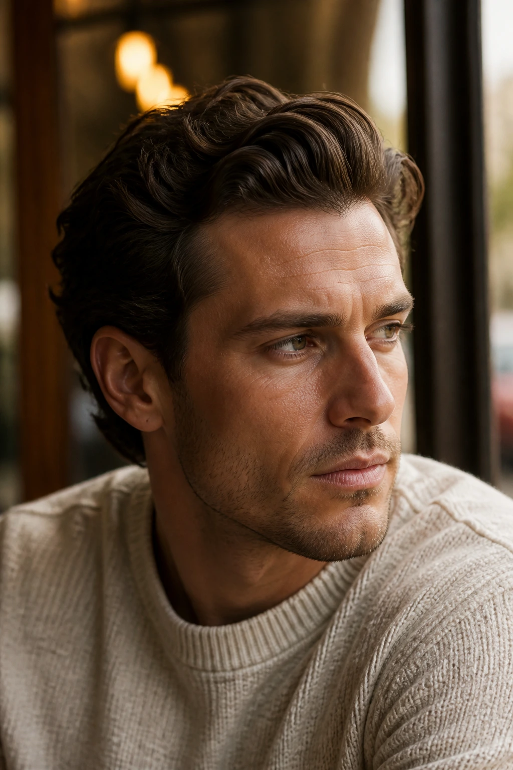 Close-up of man with wavy hair brushed back