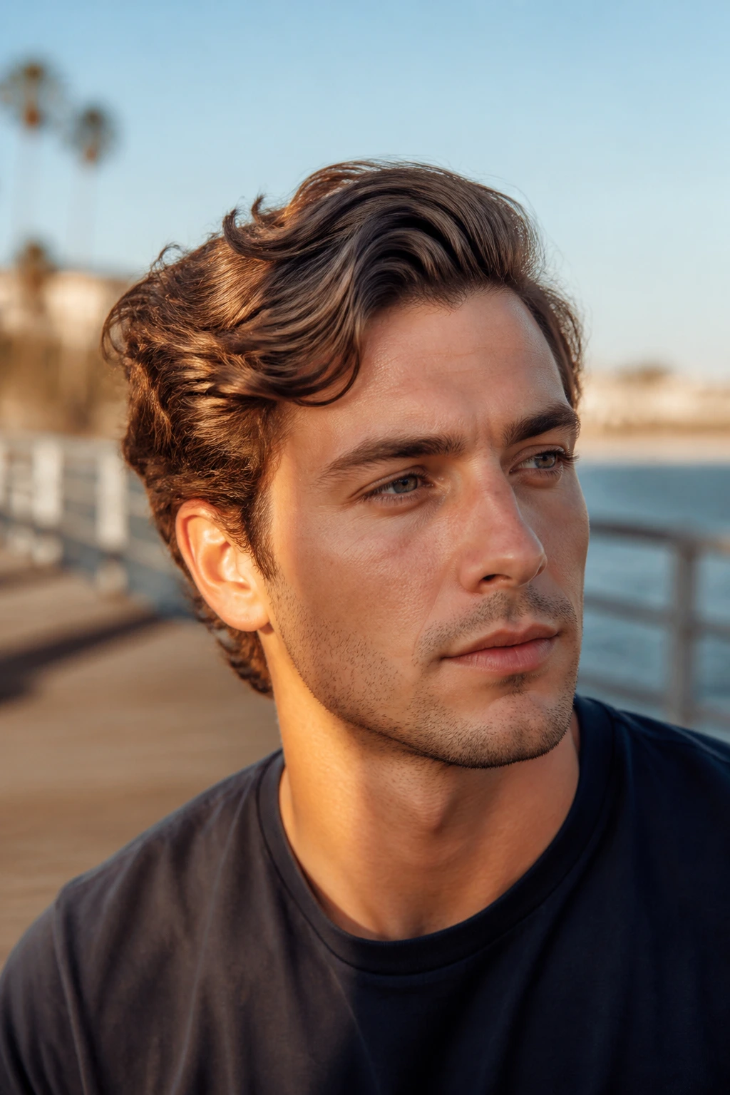 Real man with wavy brush-over hairstyle captured in natural seaside light.