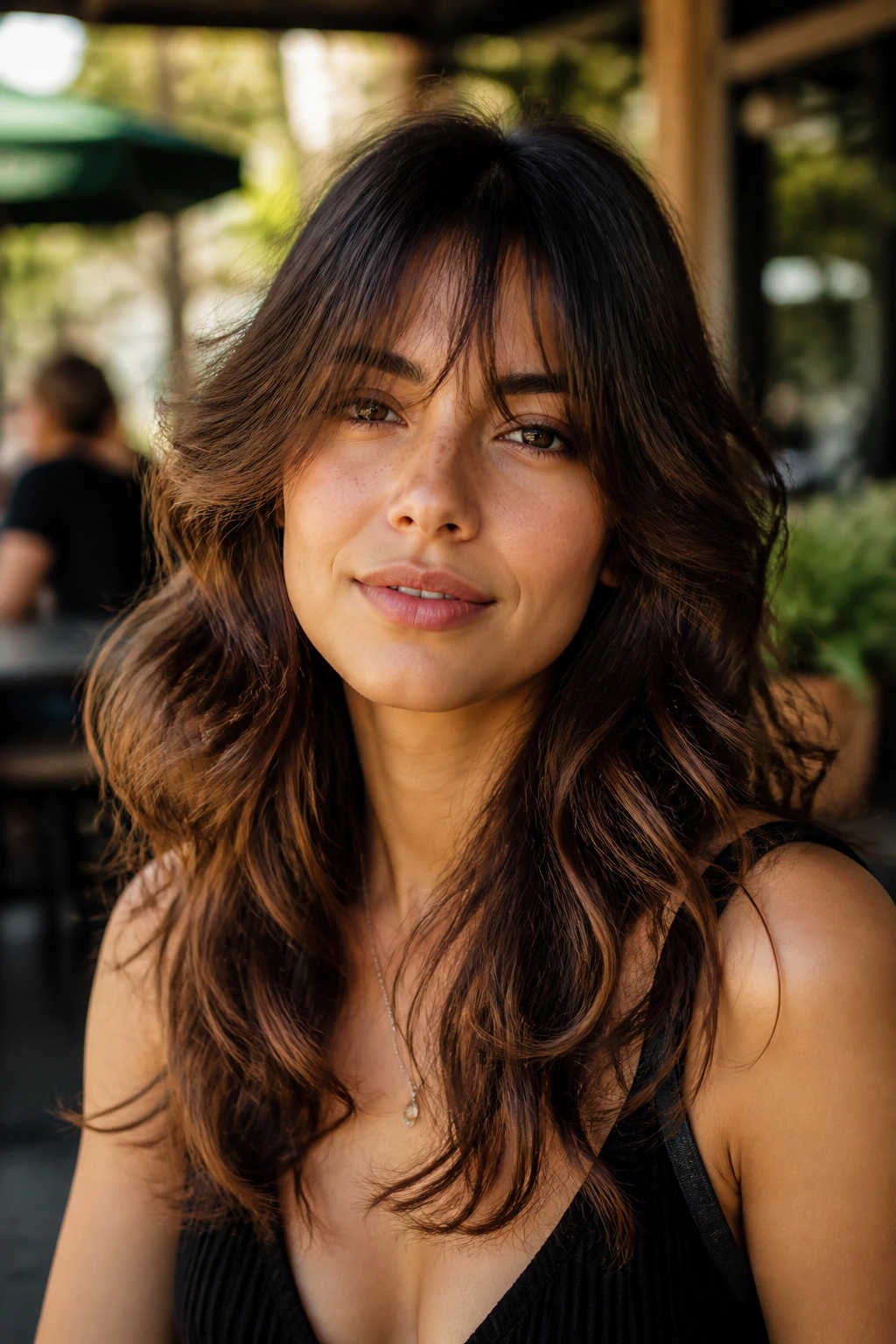 Close-up portrait of a real woman with wavy butterfly cut and textured bangs outdoors