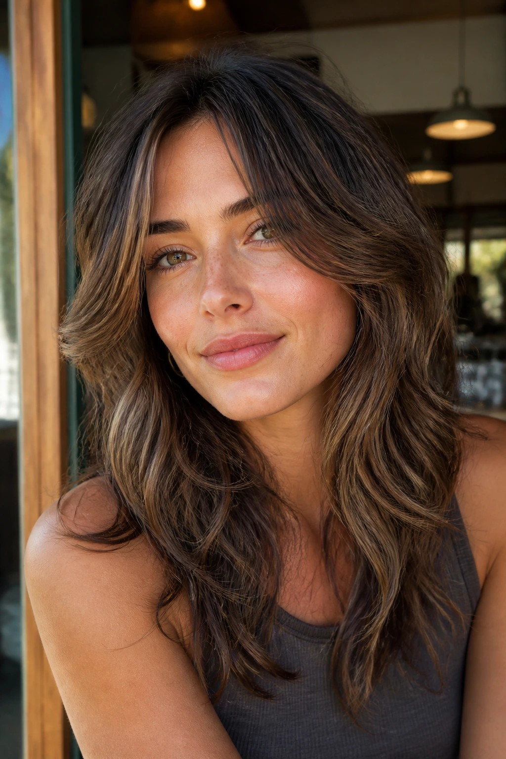 Close-up of a real woman with a wavy butterfly haircut and piecey ends.