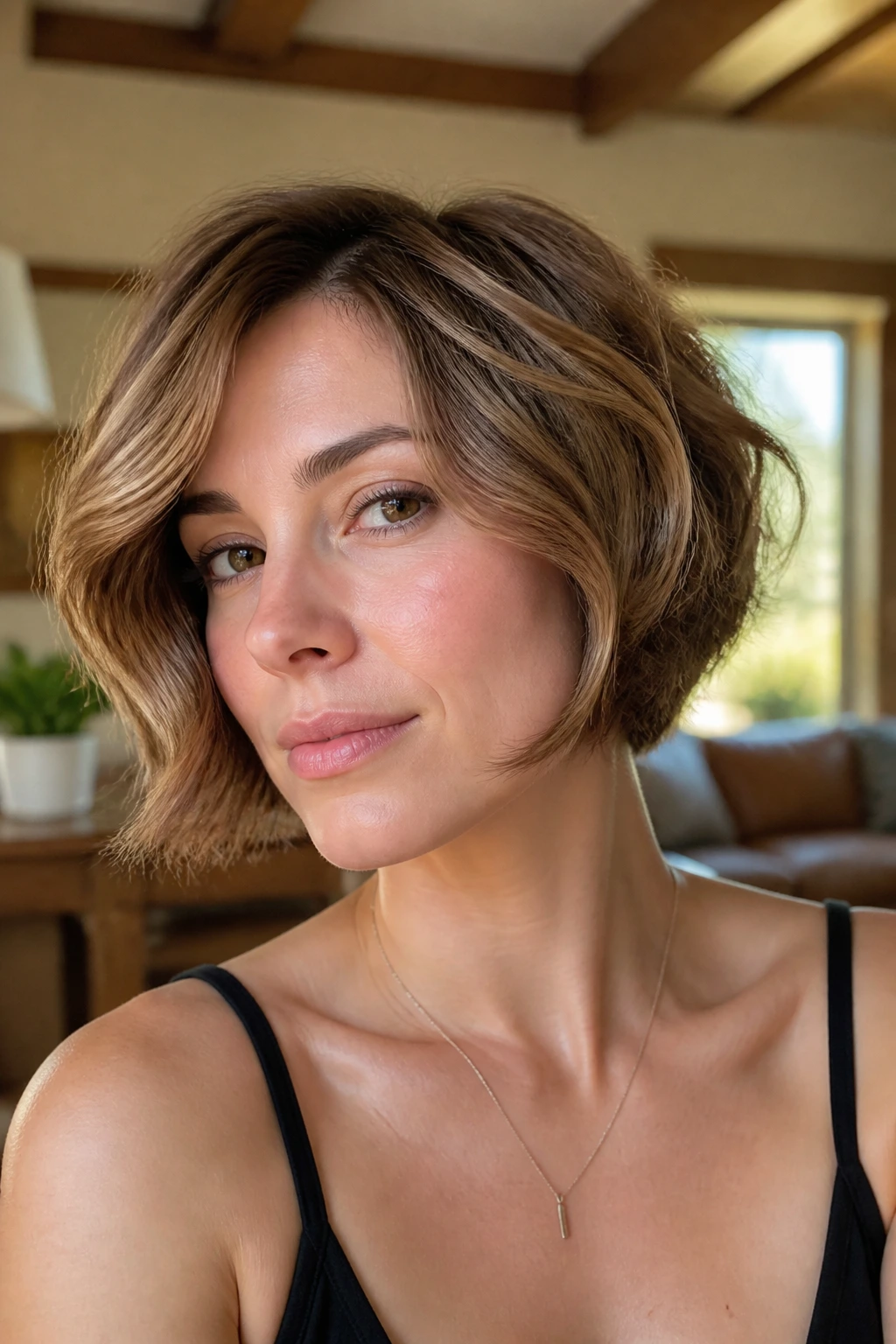 Close-up of a real woman with a wavy caramel pixie bob in warm natural light