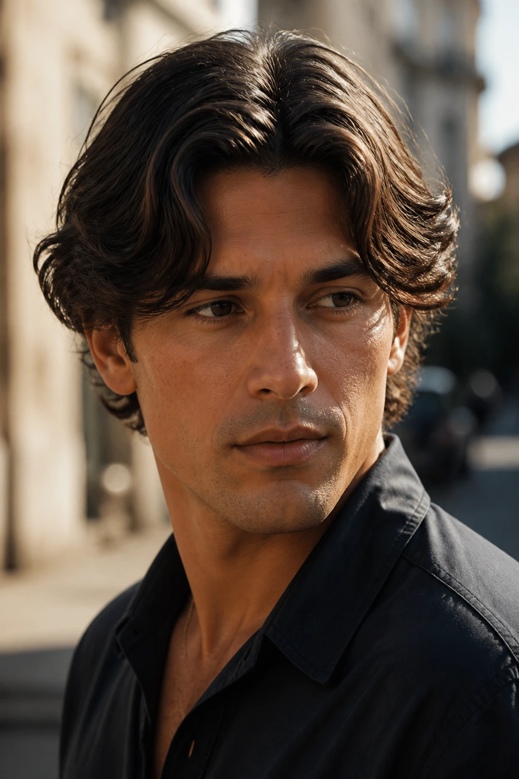 Close-up portrait of a man with wavy hair and a center part catching soft sunlight