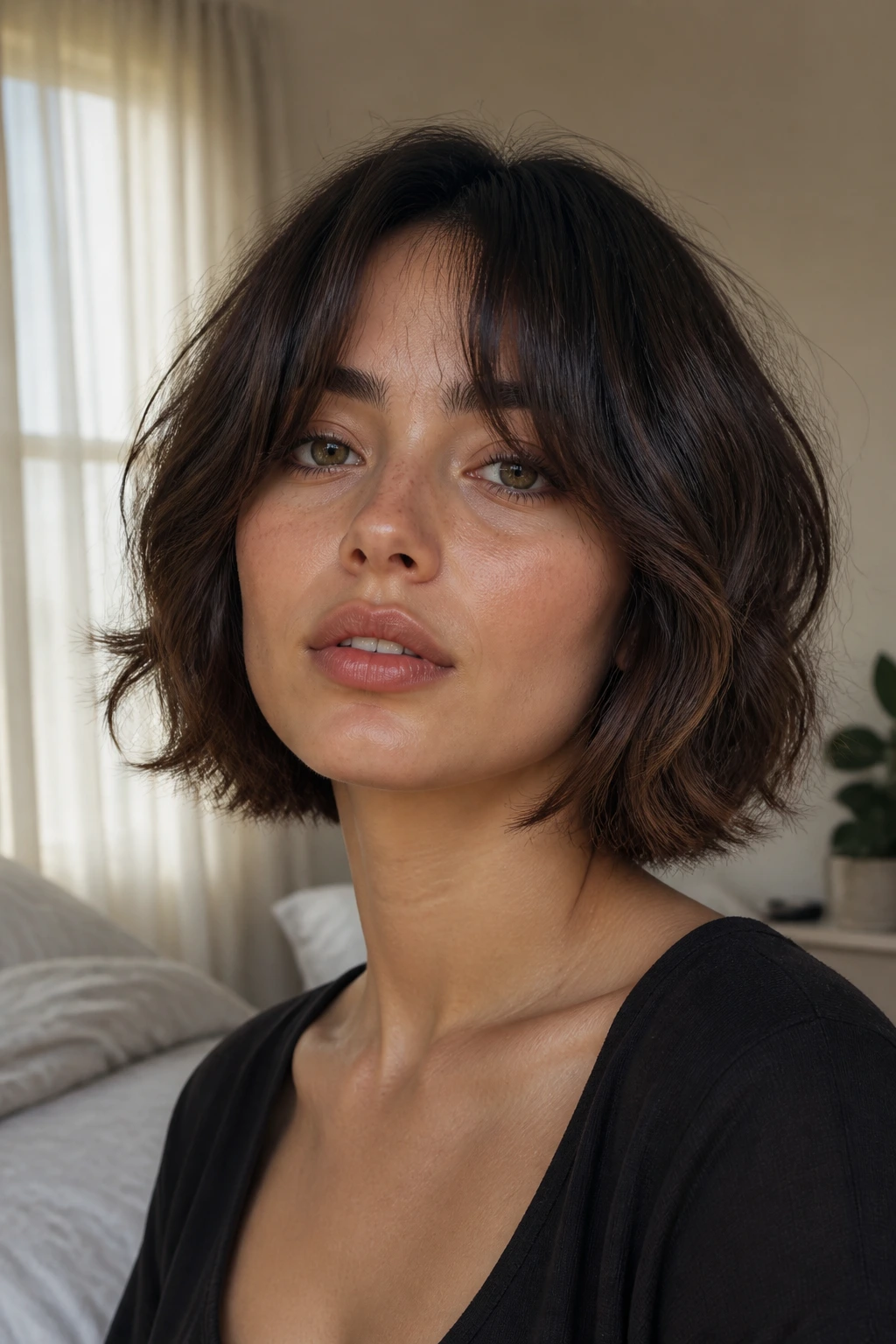 Close-up of a woman with a wavy chin-length cut and grown-out curtain bangs by a sunlit window