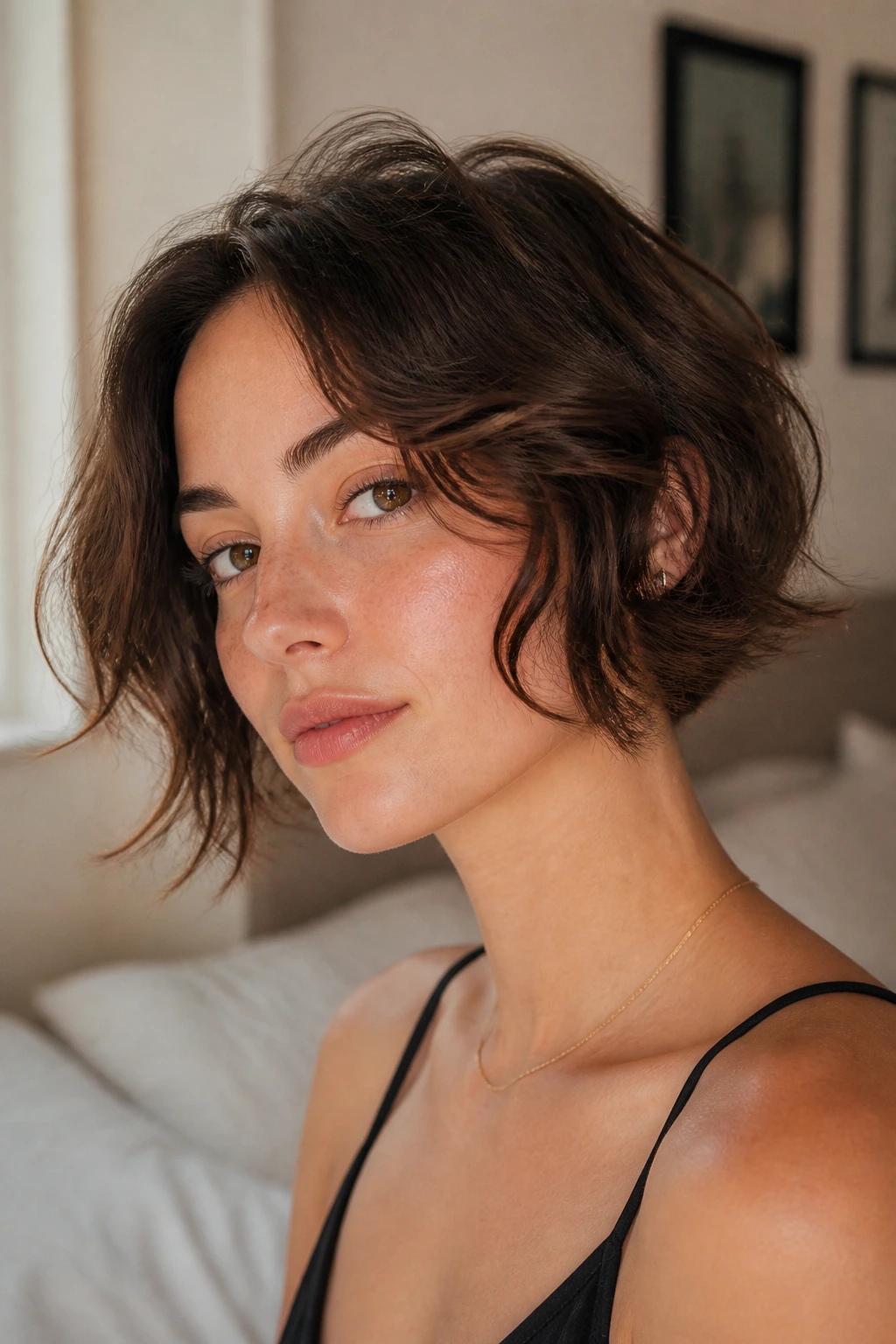 Close-up portrait of a woman with a wavy chin-skimming bob framing the jaw.