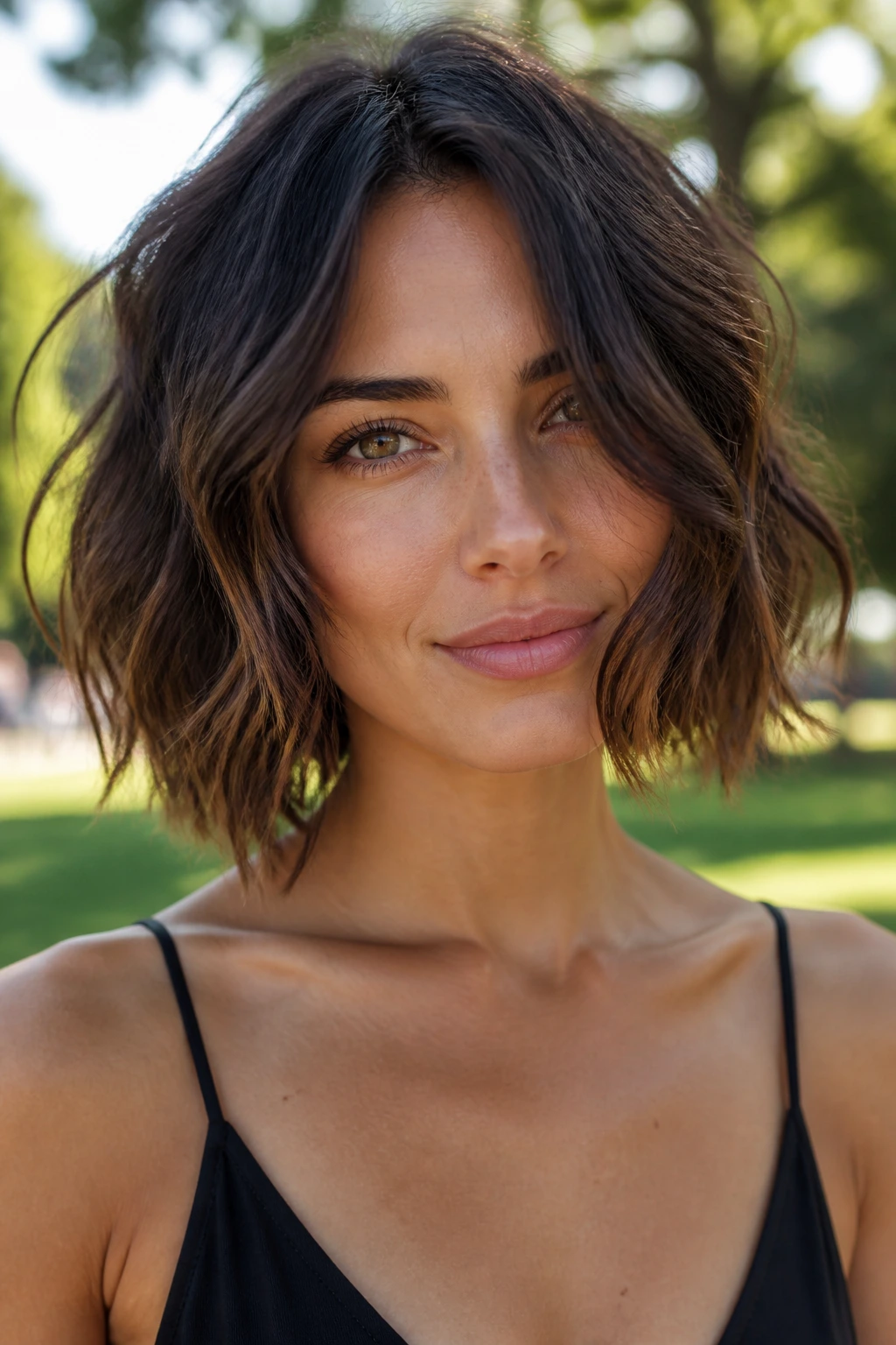 Close-up of a real woman with a wavy, air-dried choppy bob in a sunlit park.