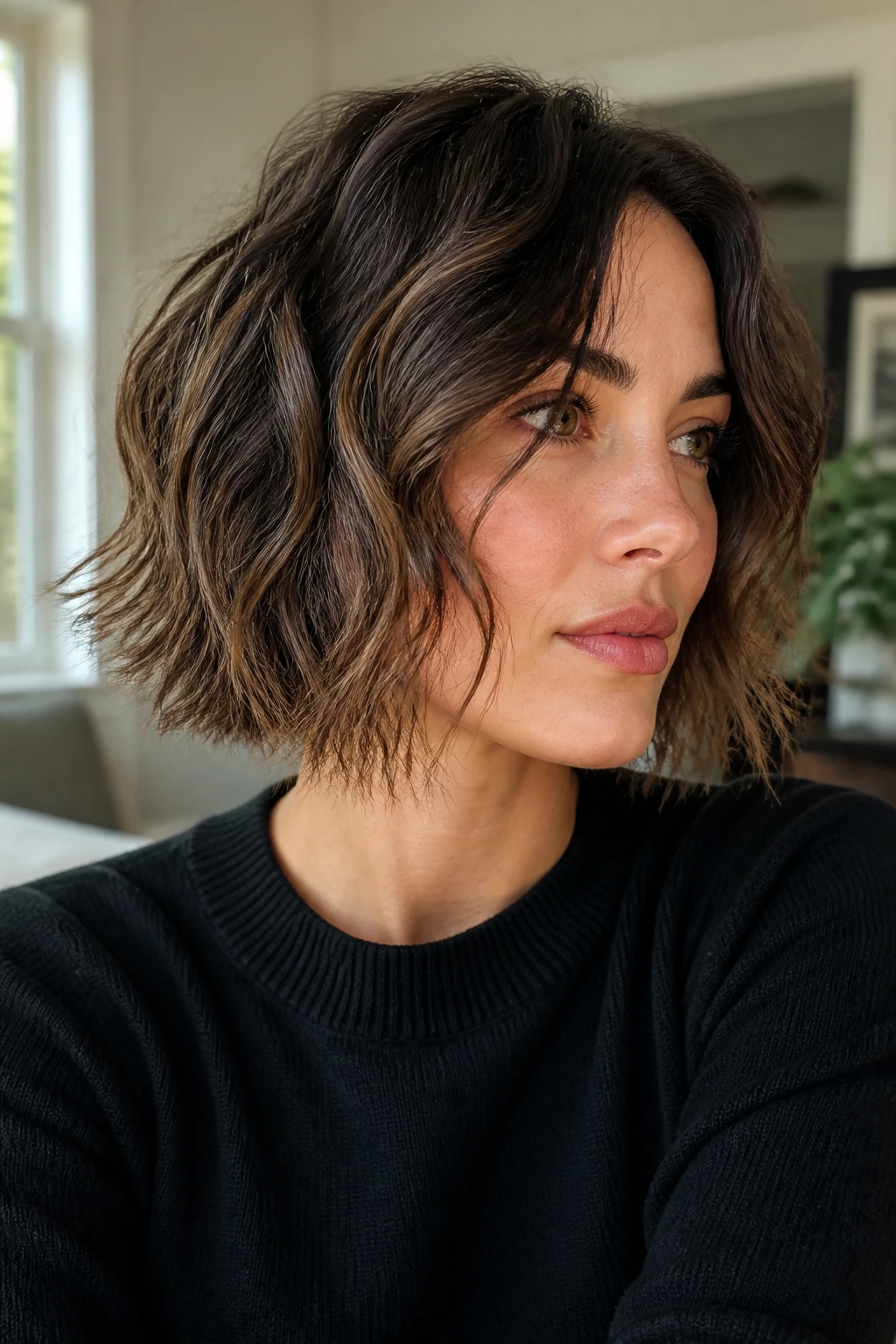 Real woman with wavy choppy bob and piecey ends along the jawline
