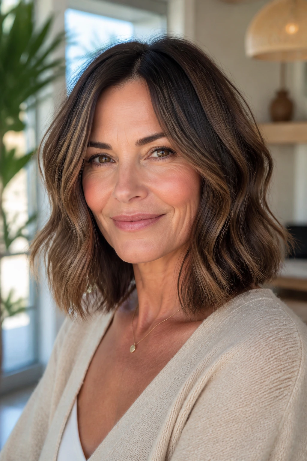 Close-up portrait of a real woman with a wavy clavicut and minimal layers