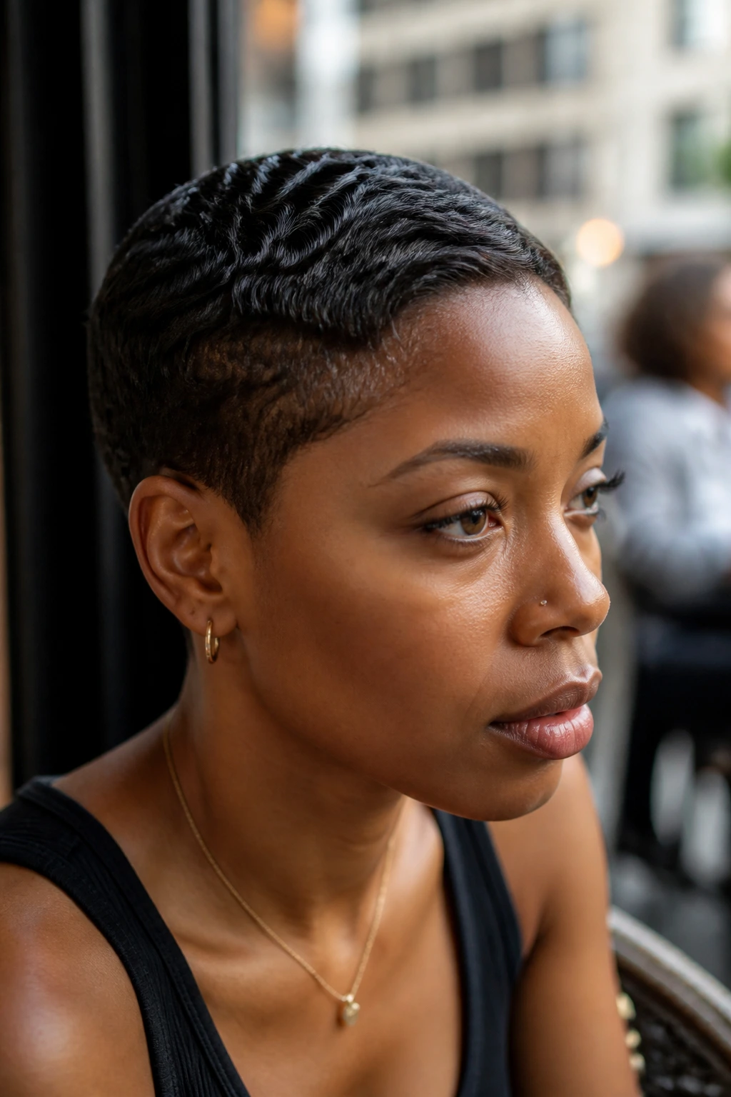 Close-up of a real woman with a wavy close crop showing subtle wave patterns