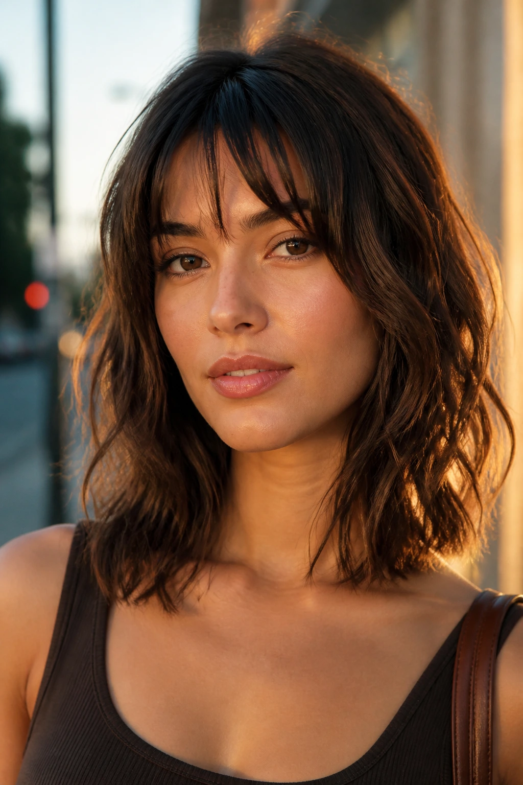 Close-up of a person with wavy collarbone-length hair and piecey bangs
